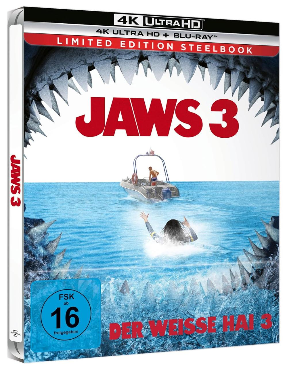 Ein Blu-ray-Filmcase für Jaws 3. Das Case zeigt einen Hai und ein Boot auf dem Wasser.