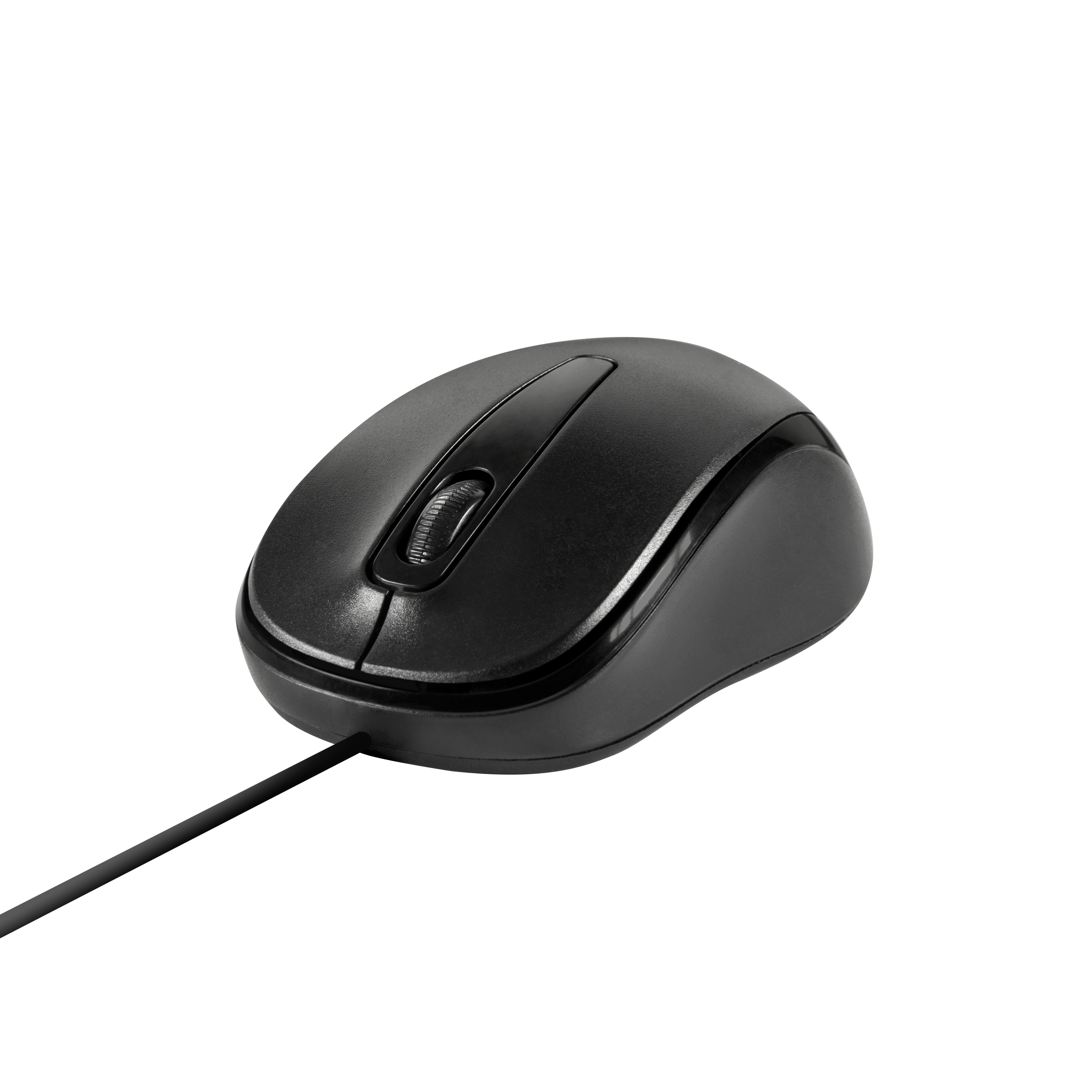 Schwarze Computermaus mit Scrollrad und Kabel auf weißem Hintergrund.