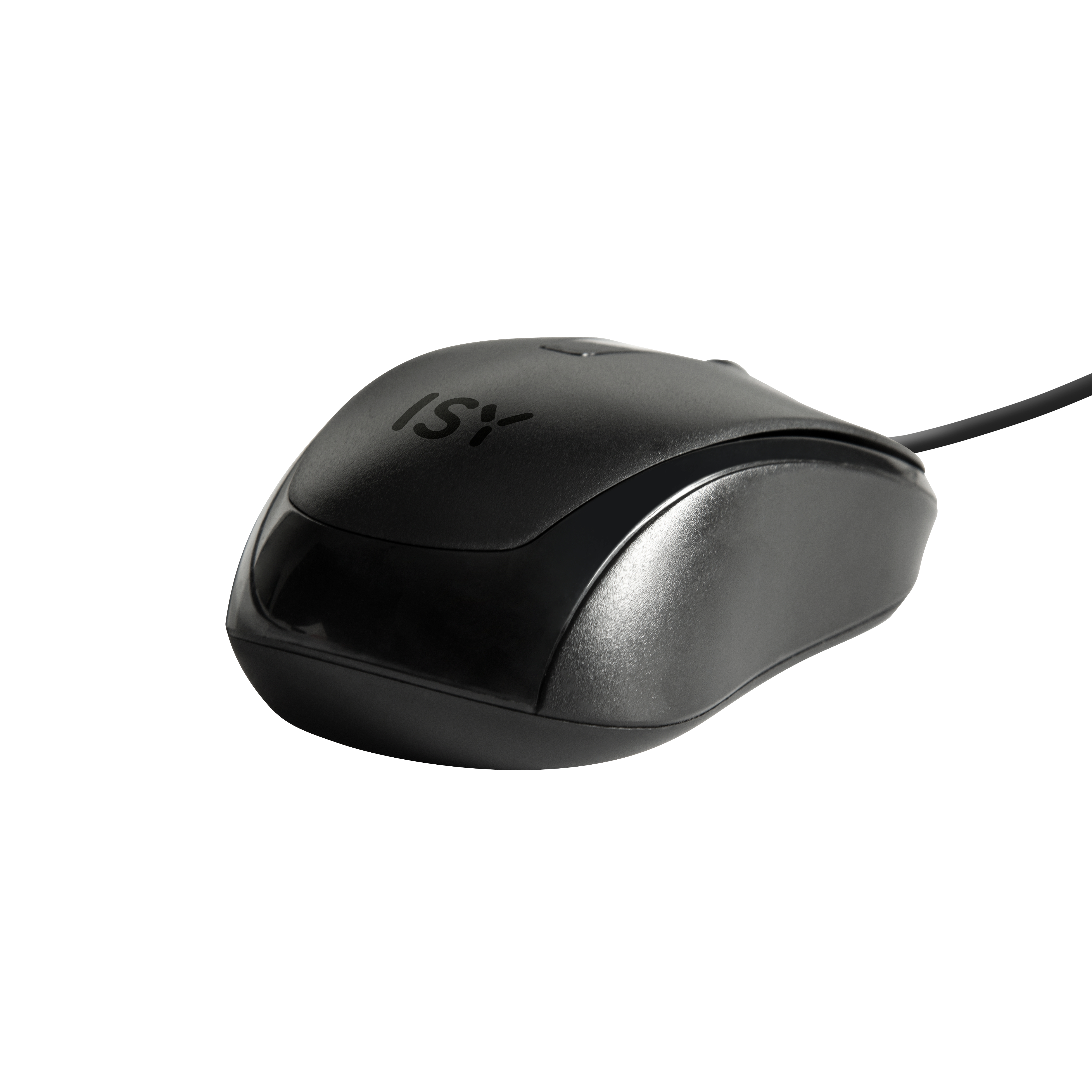 Schwarze Computermaus mit dem Logo 'ISY'. Die Maus befindet sich auf einer weißen Oberfläche.