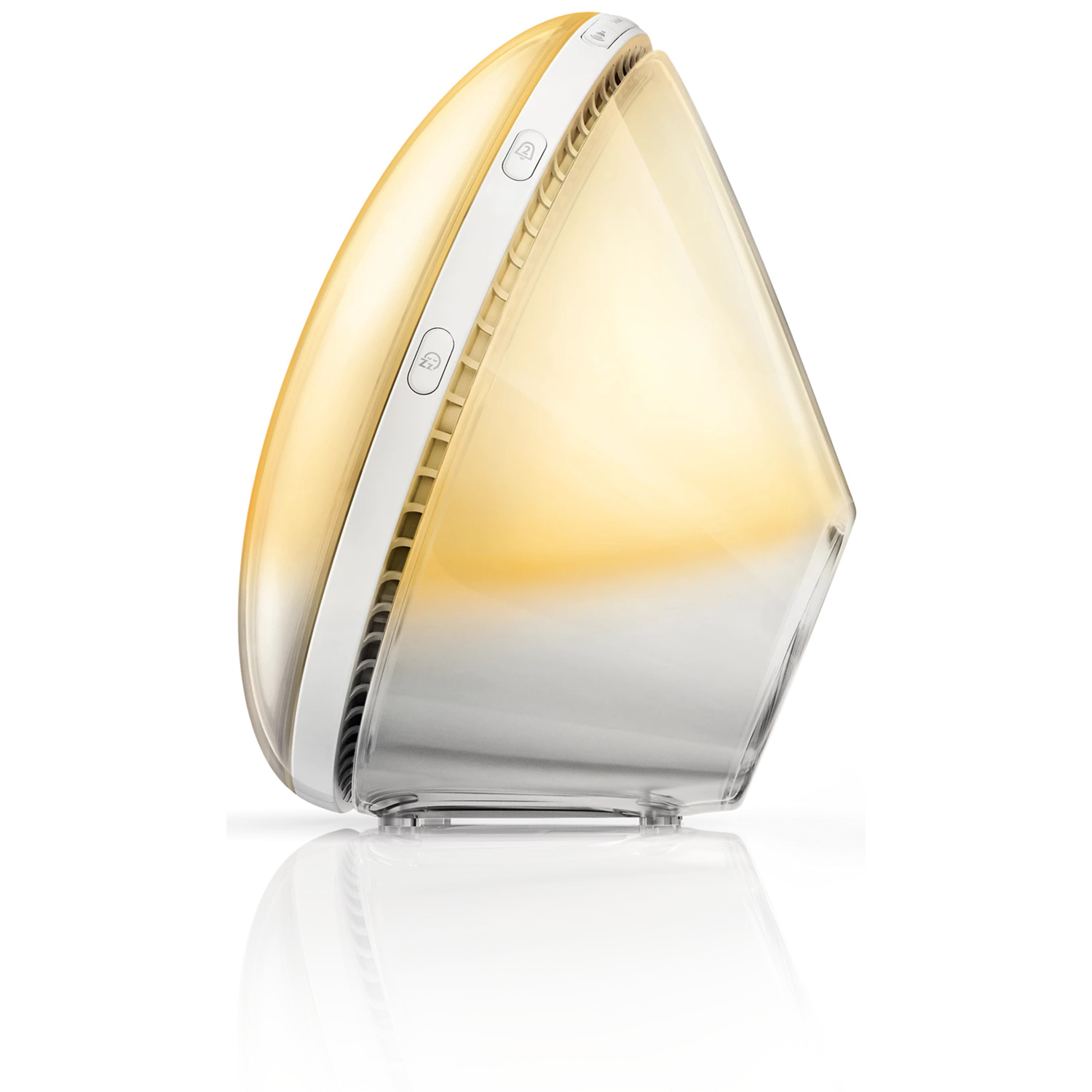 Philips wake-up light, yellow and white. Features a curved design with control buttons on the top.