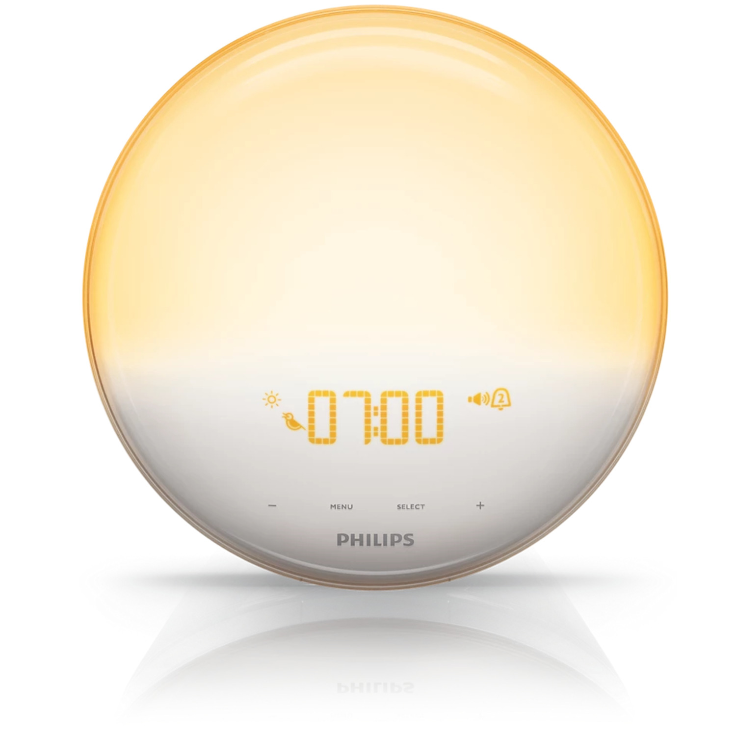 White and yellow sunrise alarm clock with digital display.