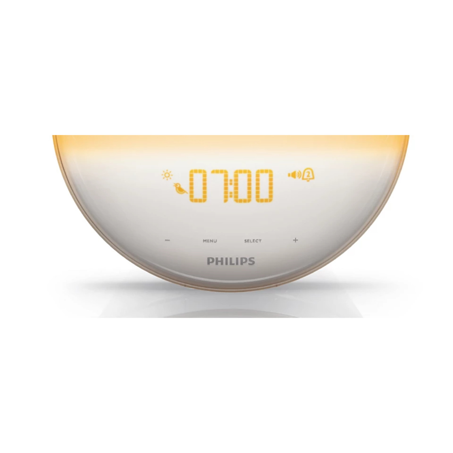 White Philips sunrise alarm clock. Digital time display shows 07:00. Small bird icon.