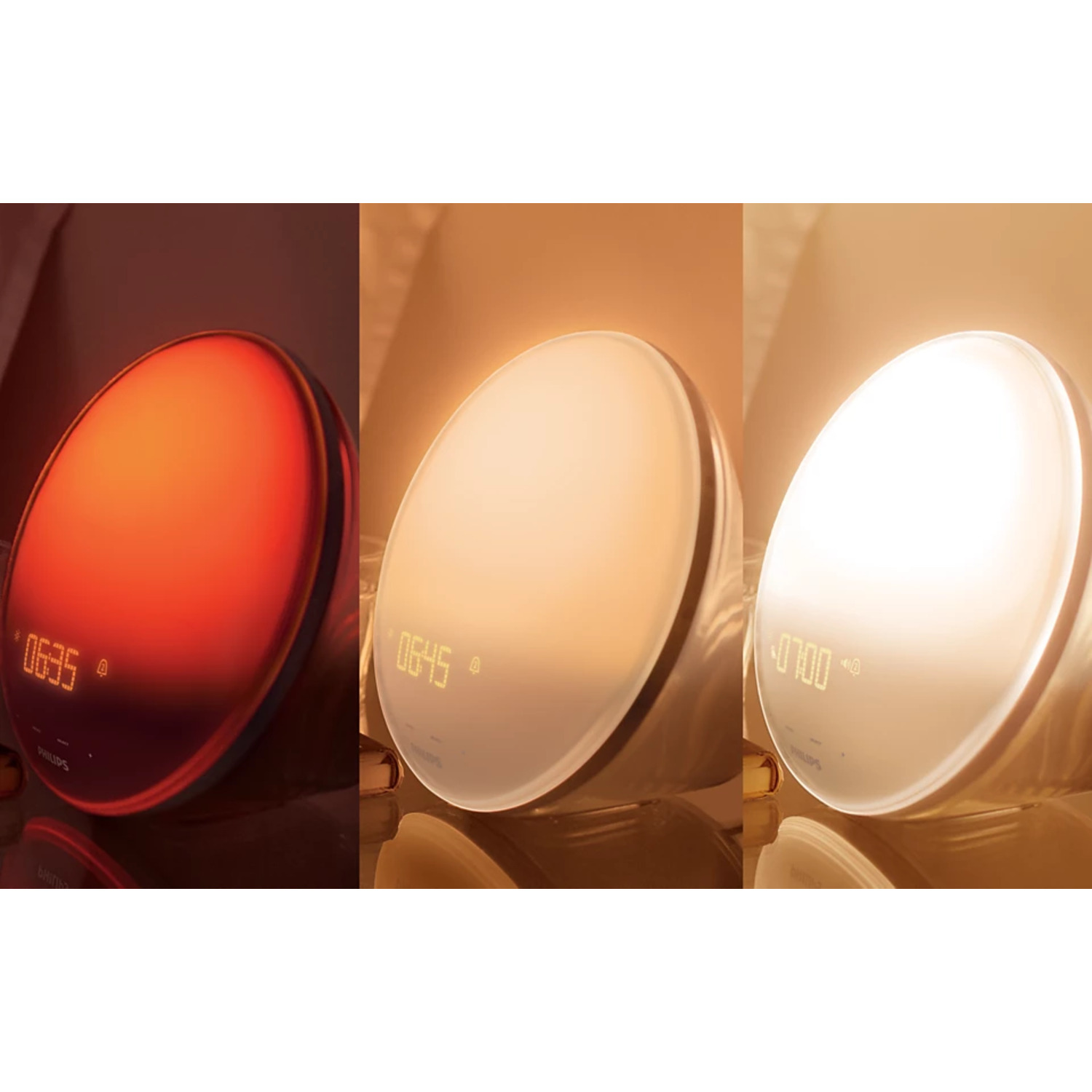 Three images of a white and gold alarm clock changing colors.