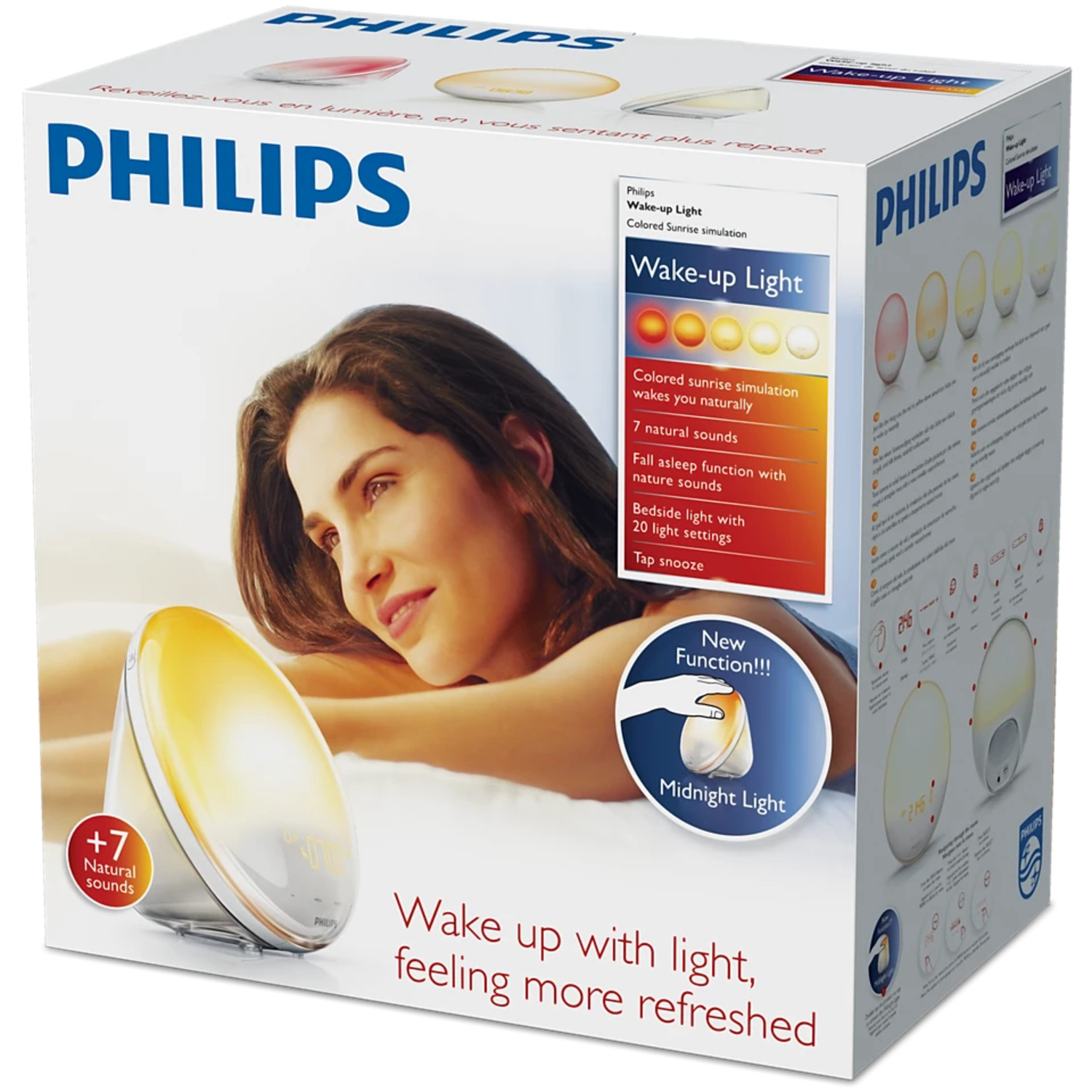 A Philips Wake-up Light box. It shows a woman on a bed and the product details.