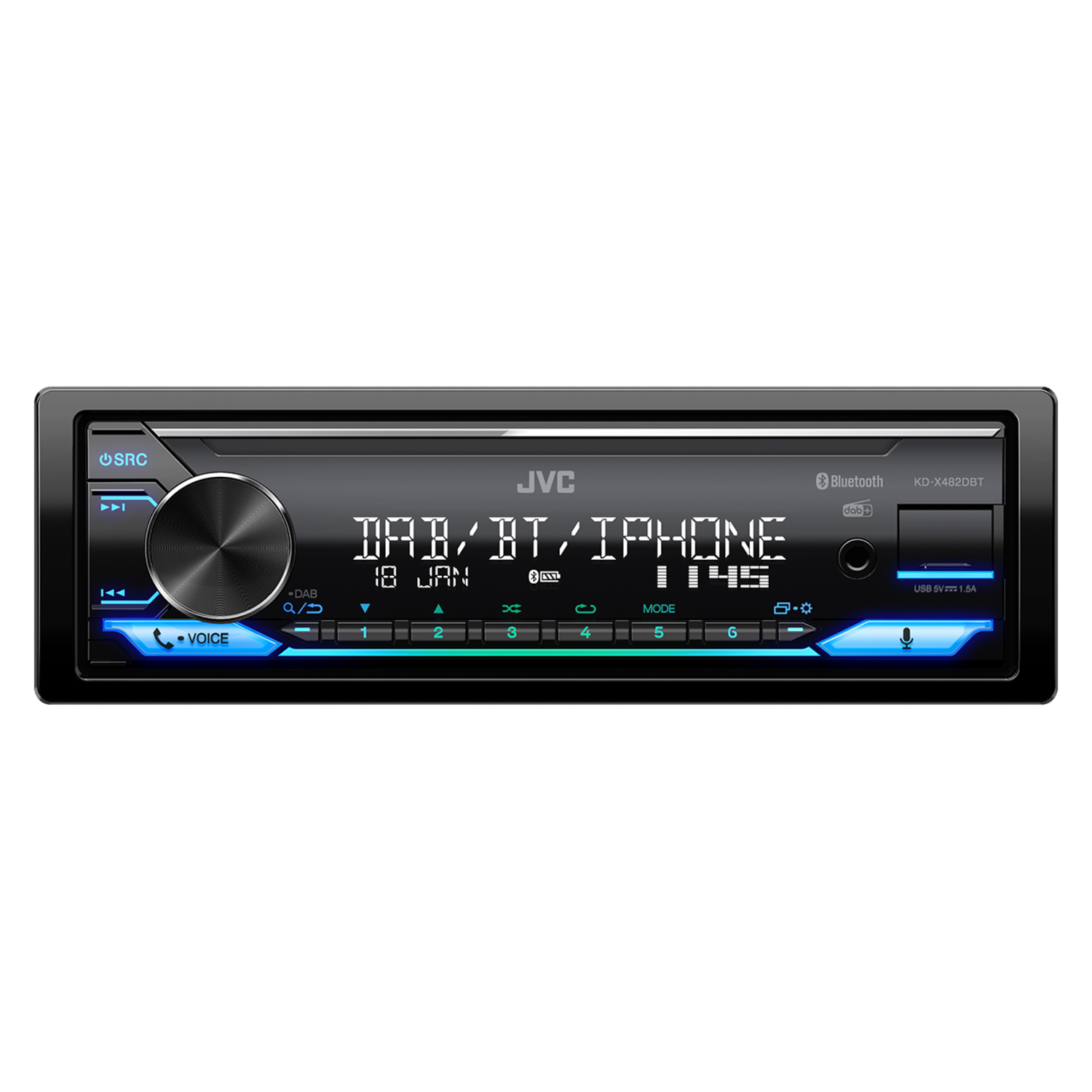 Een autoradio met een digitaal display en knoppen; er is blauwe verlichting aanwezig.