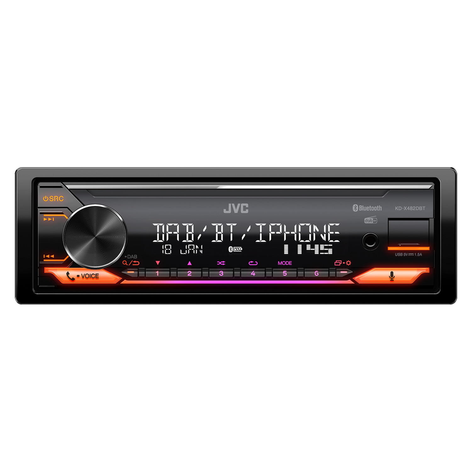 Een autoradio met digitaal display en knoppen.
