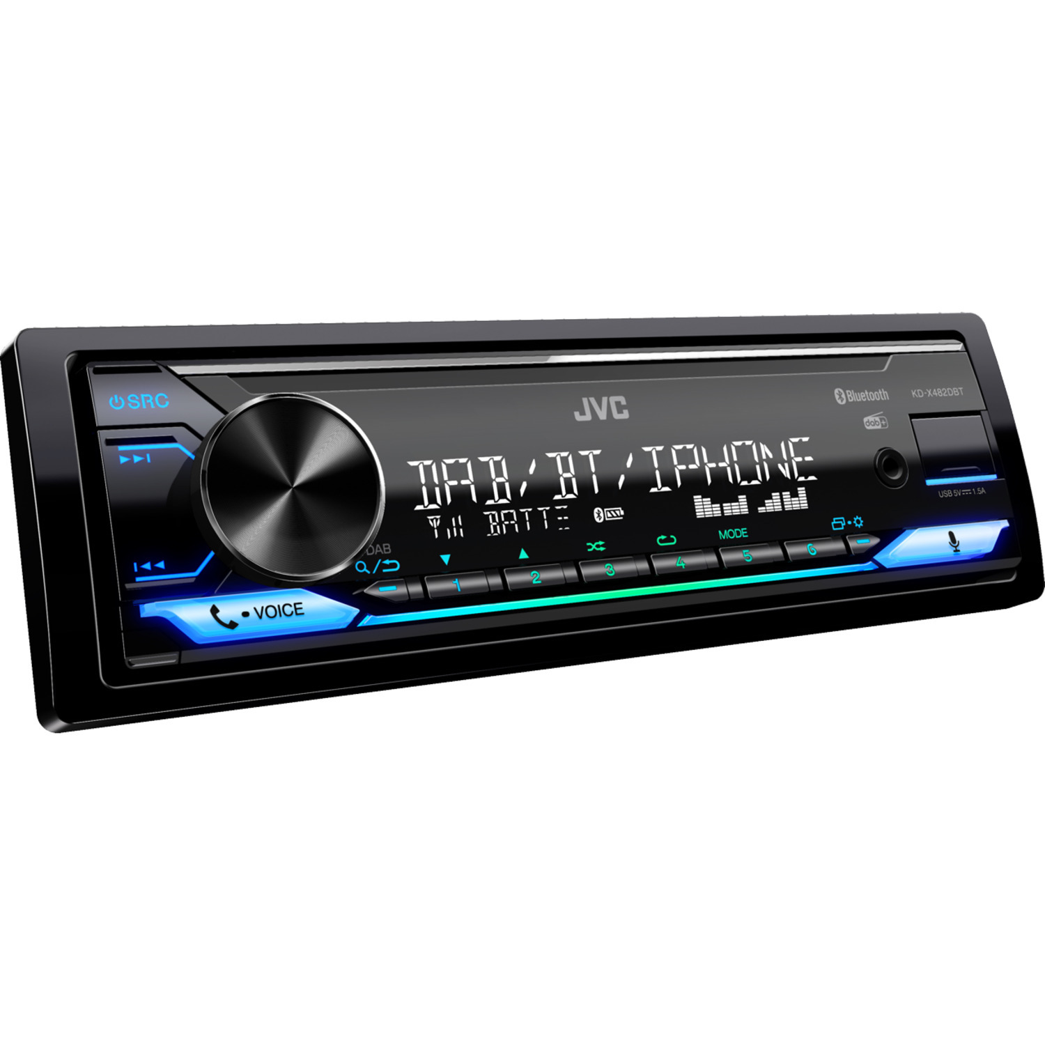 Autoradio. Zwarte voorkant met centrale draaiknop, verlichte knoppen en display met tekst en graphics.