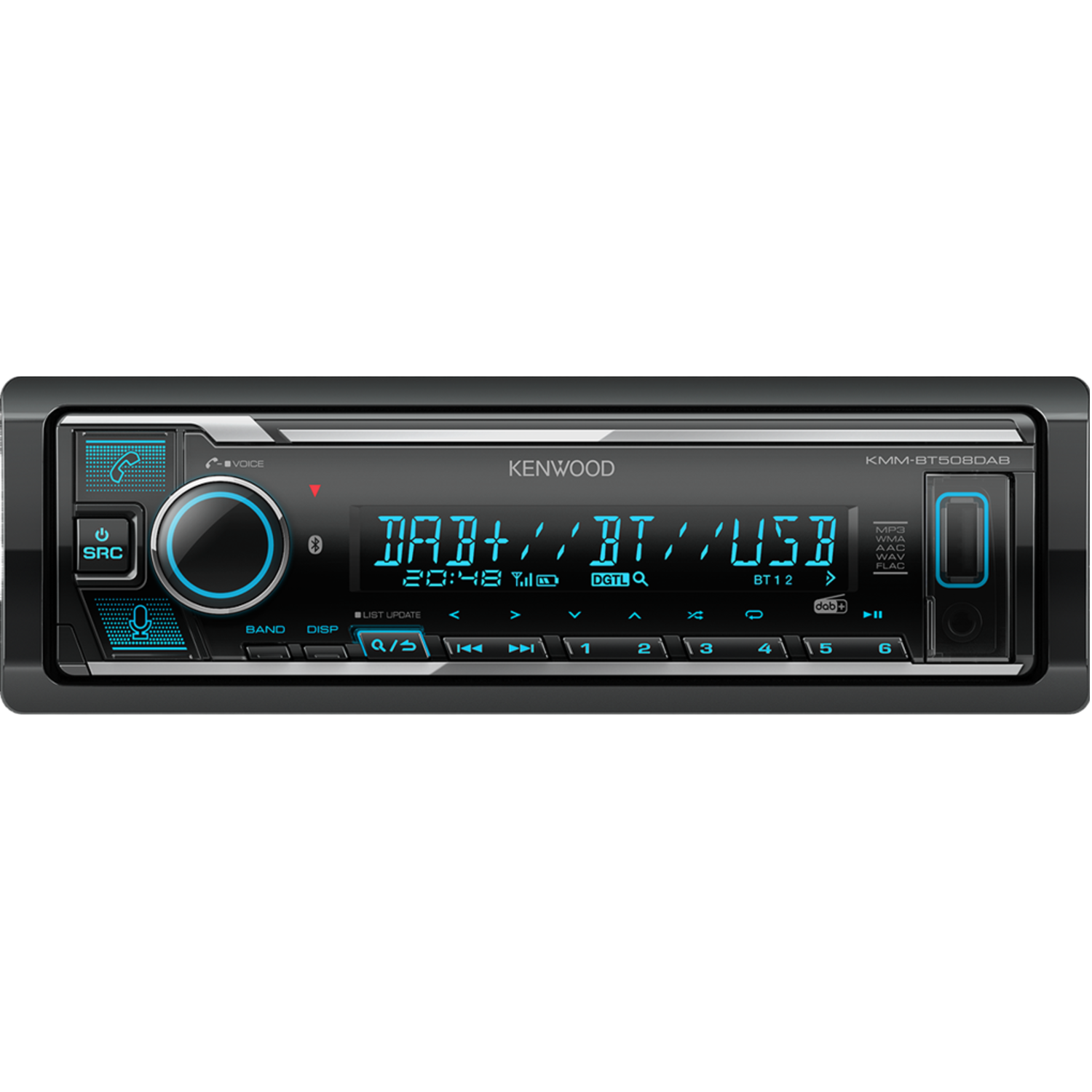 Kenwood autoradio. Het heeft een scherm, knoppen en een volumeknop. Toont DAB+, BT, USB, tijd en muziekinformatie.