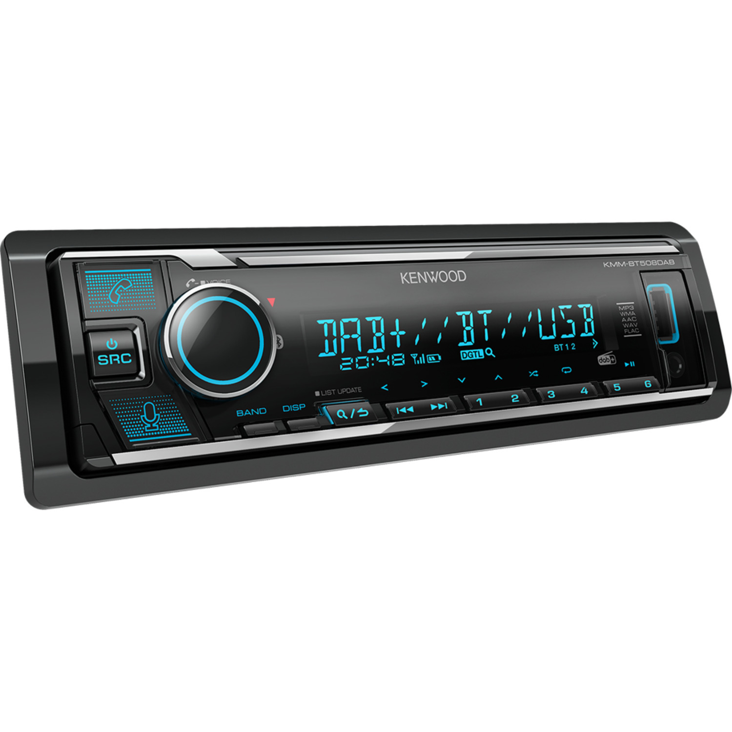 Autoradio met knoppen, display en blauw verlichte details.