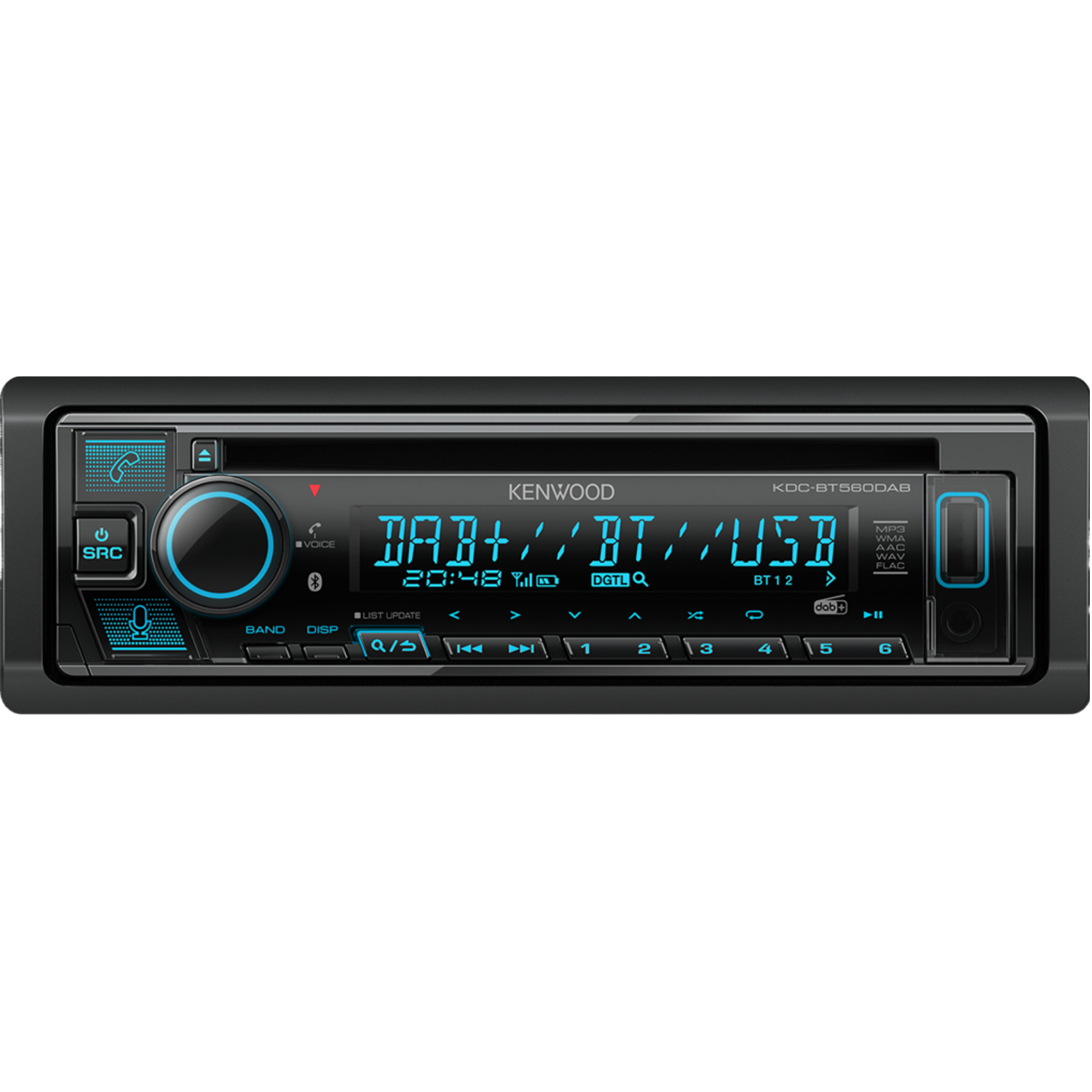 Autoradio Kenwood avec affichage numérique. Affiche boutons et commandes, avec des accents bleus.