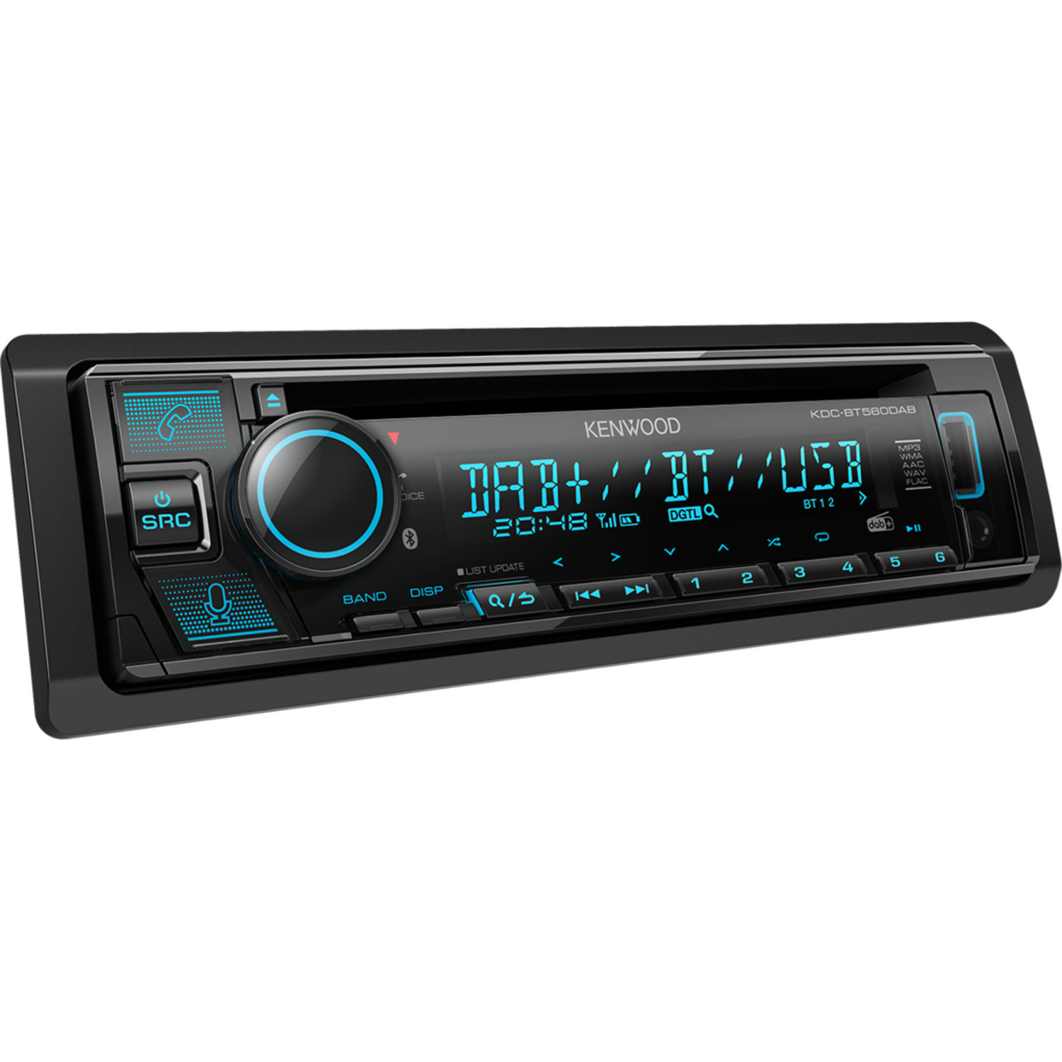 Autoradio Kenwood. La radio a un écran et de nombreux boutons. Des lumières bleues sont visibles.
