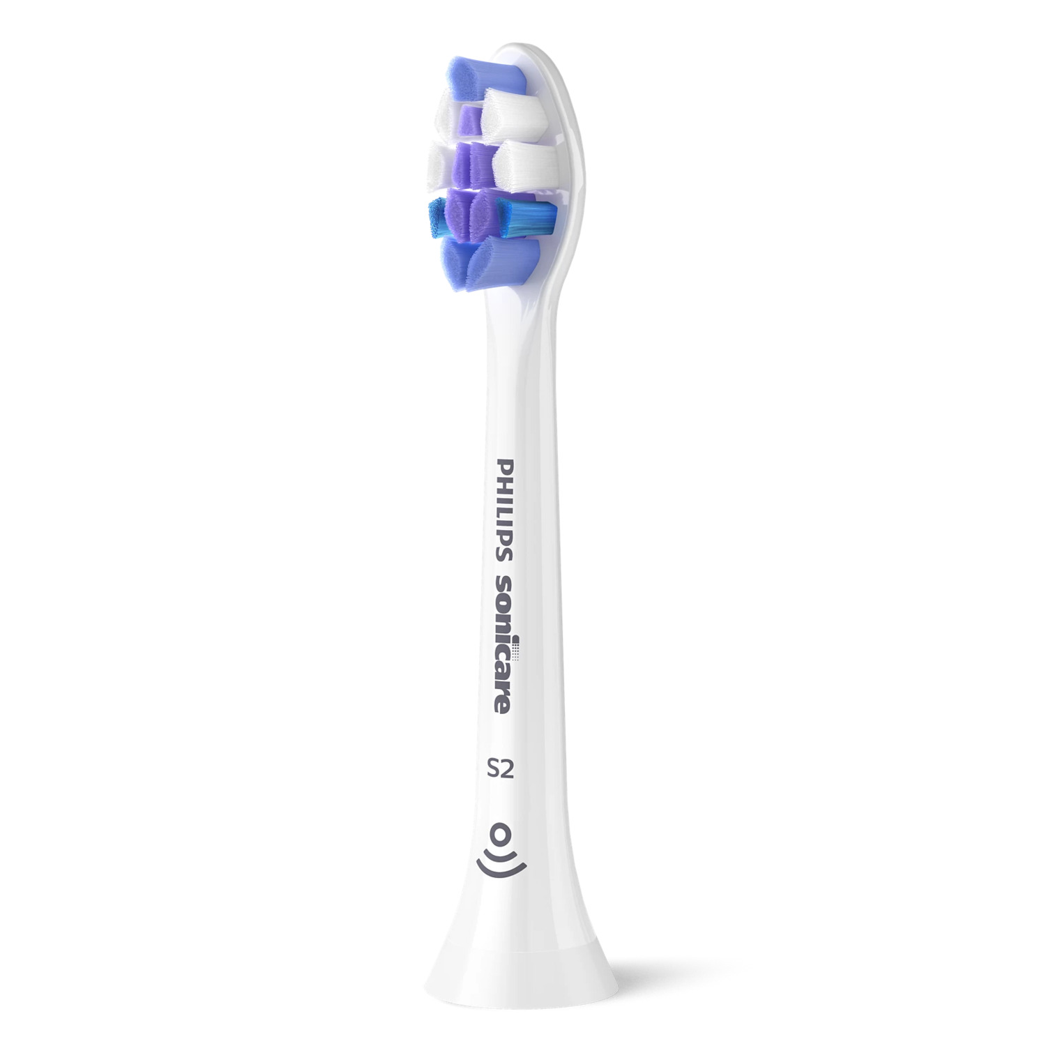 White Philips Sonicare toothbrush head with colorful bristles.