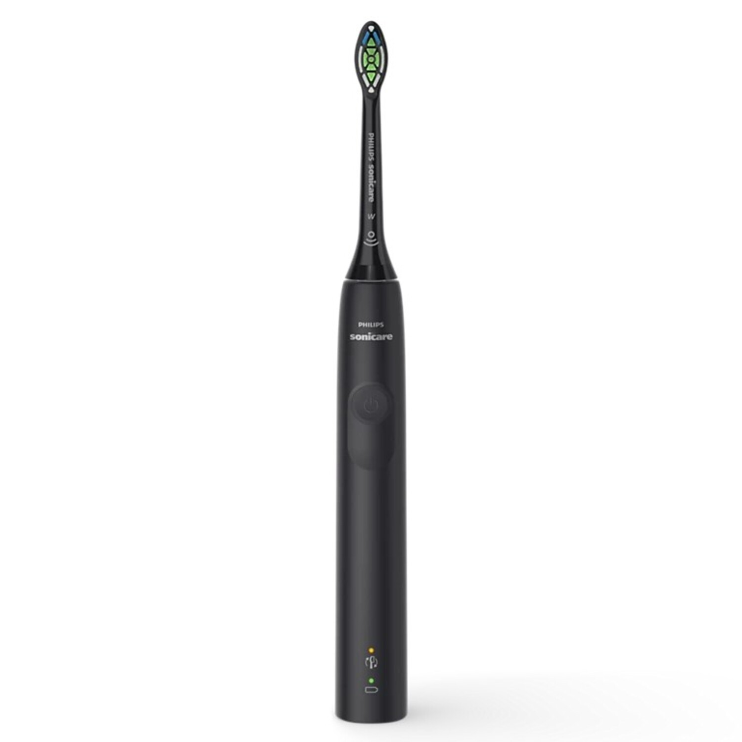 Brosse à dents électrique noire avec des poils verts. La marque est Philips Sonicare sur le manche.