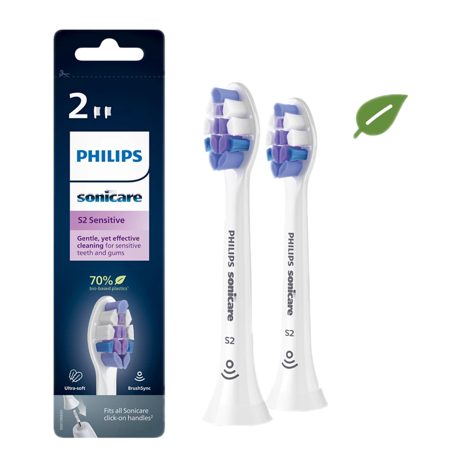 Philips Sonicare toothbrush heads. Two brush heads and a packaging box with the brand name.