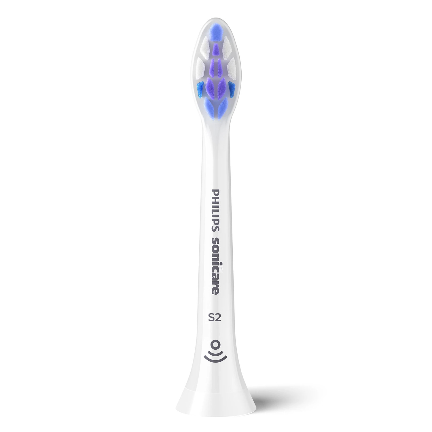 White Philips Sonicare toothbrush head. Purple and blue bristles. White background.  