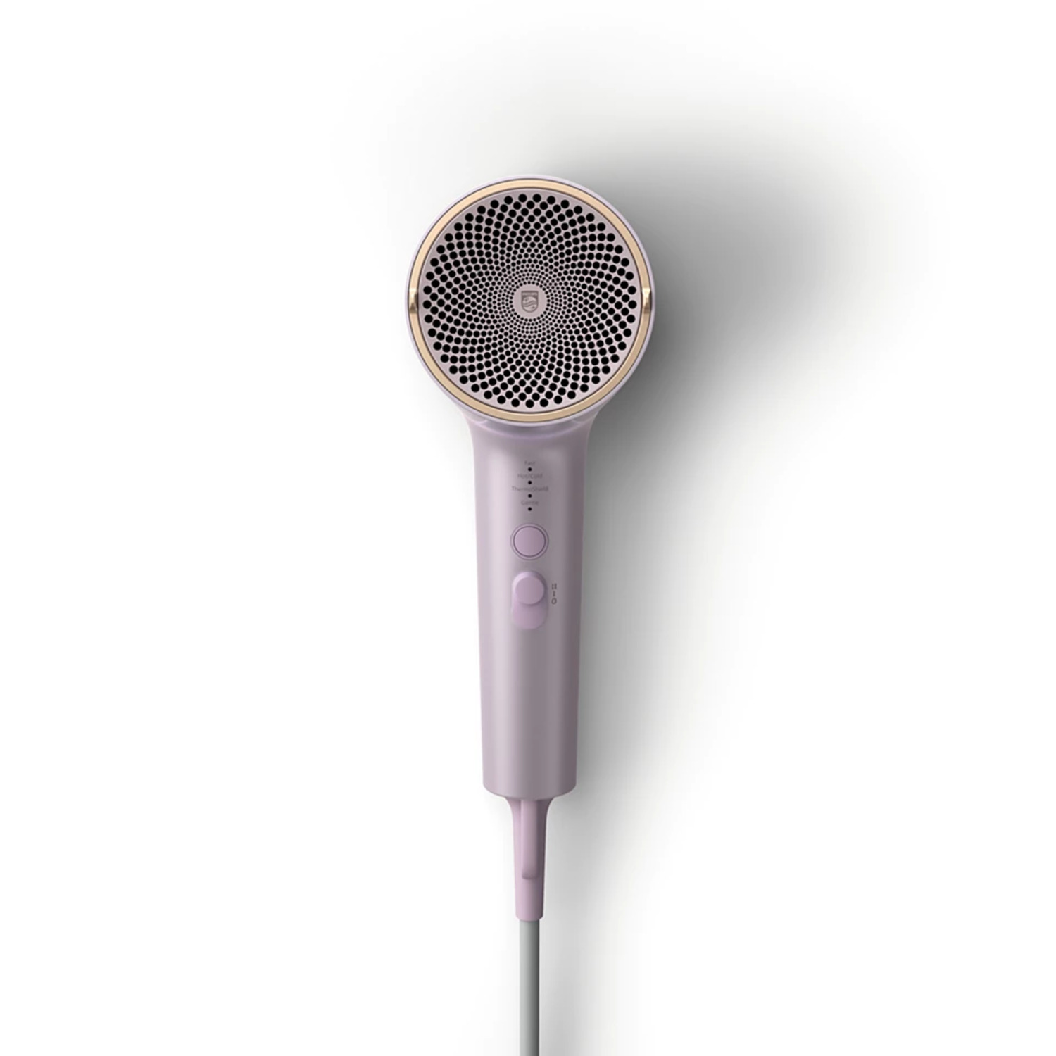 A purple and gold hairdryer, viewed from above, on a white background.