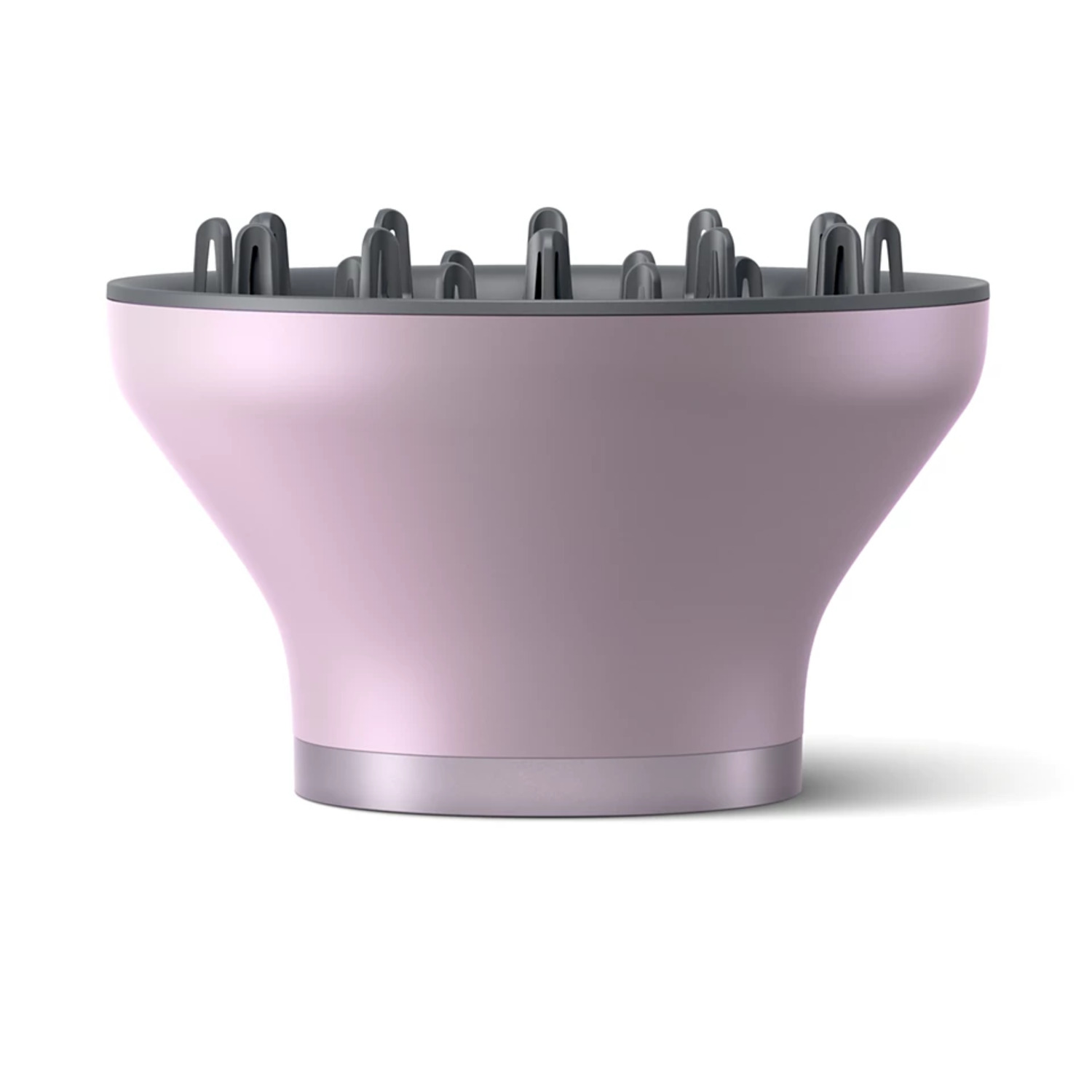 Pink hair dryer diffuser with dark gray prongs, set against a white background.