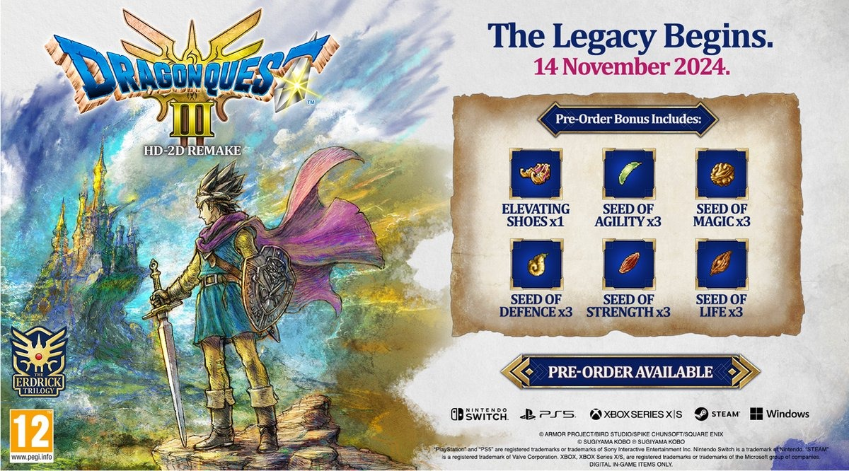 Dragon Quest III HD-2D Remake box art. Krijger met zwaard, kasteel op de achtergrond.
