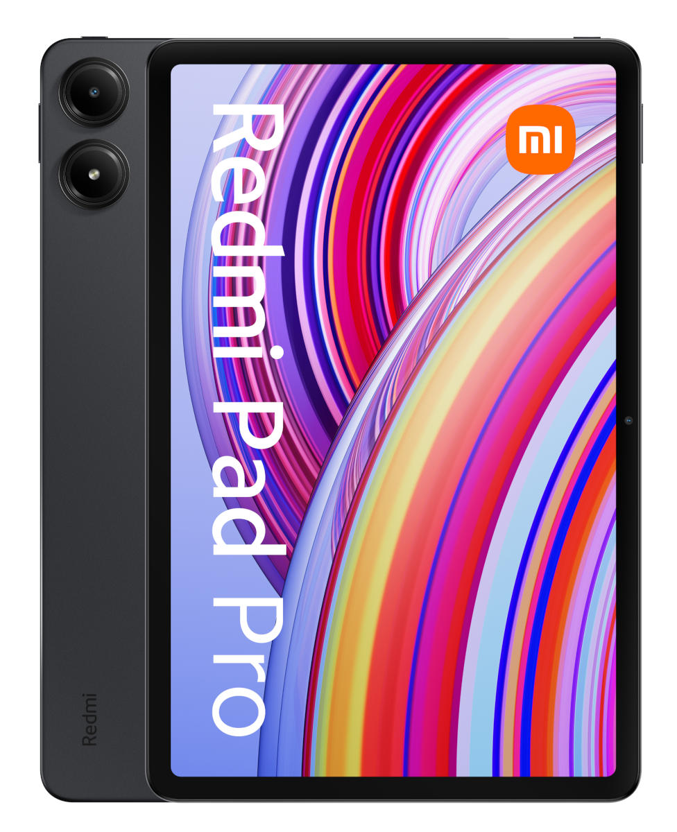 Czarny tablet Redmi Pad Pro z kolorowym wyświetlaczem. Ma aparat i logo Redmi.