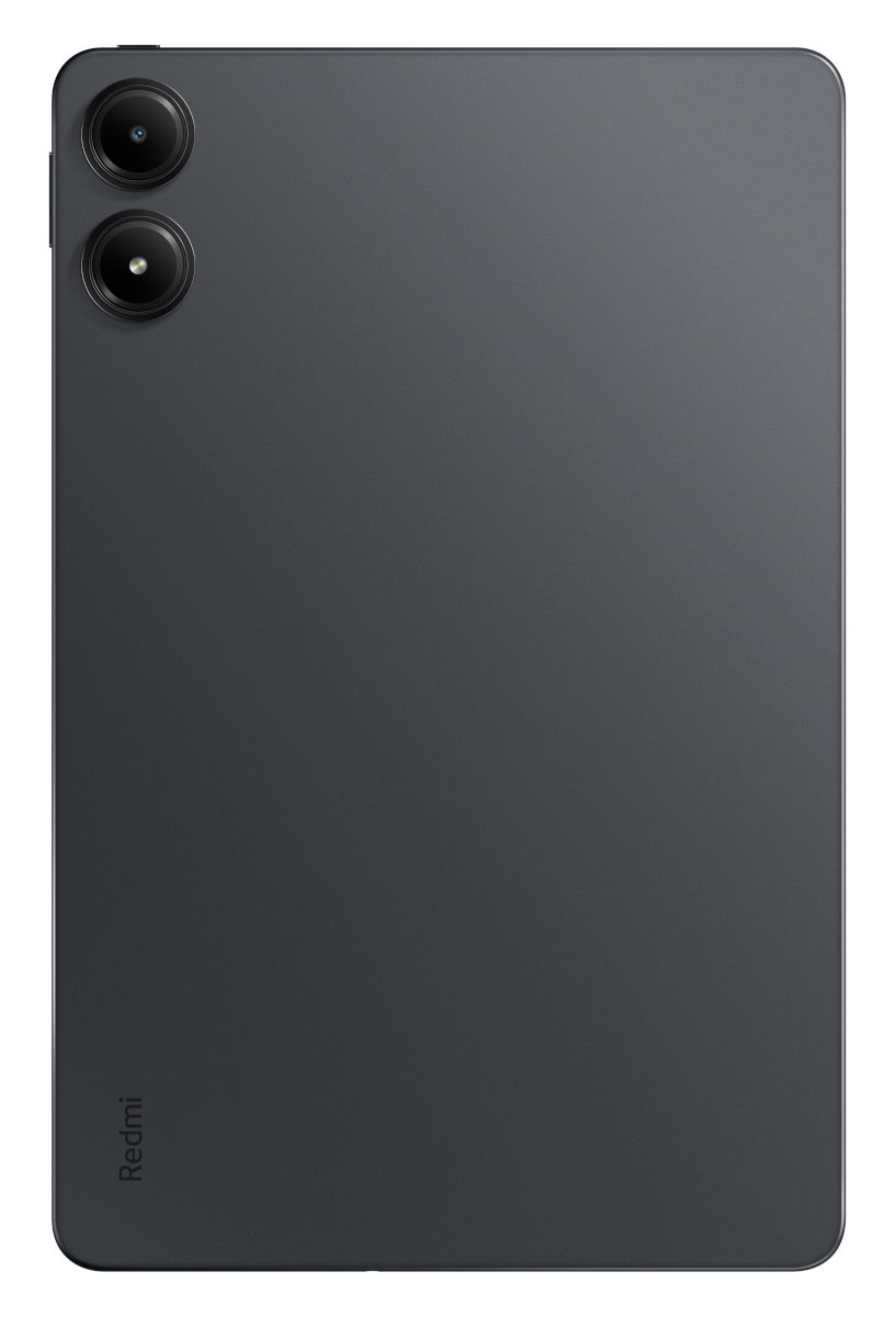 Tył czarnego tabletu. Podwójny aparat. Logo Redmi na dole. Ciemnoszara powierzchnia.