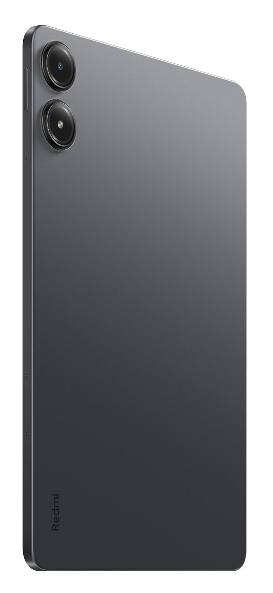 Ciemnoszary tablet z dwoma aparatami. Logo Redmi jest widoczne z boku.