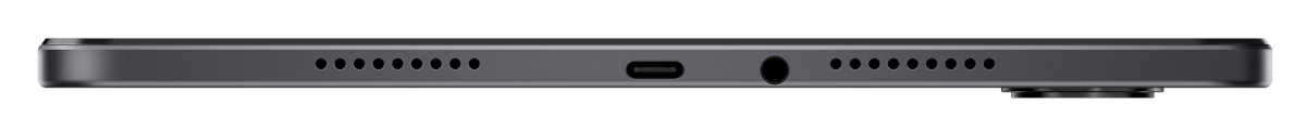 Ciemnoszary bok tabletu z otworami na głośniki, portem USB-C i gniazdem słuchawkowym.