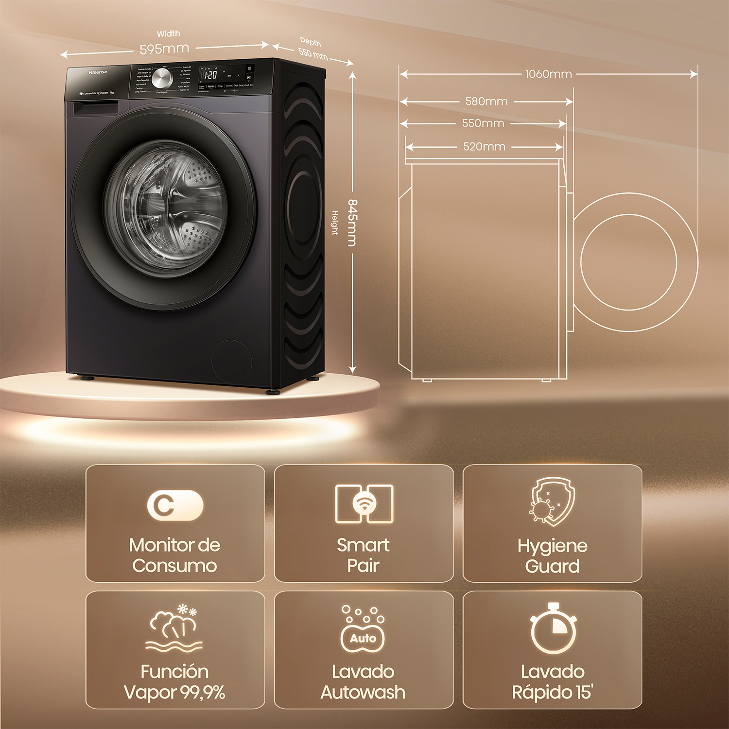 Lavadora Hisense con dimensiones e iconos de funciones.