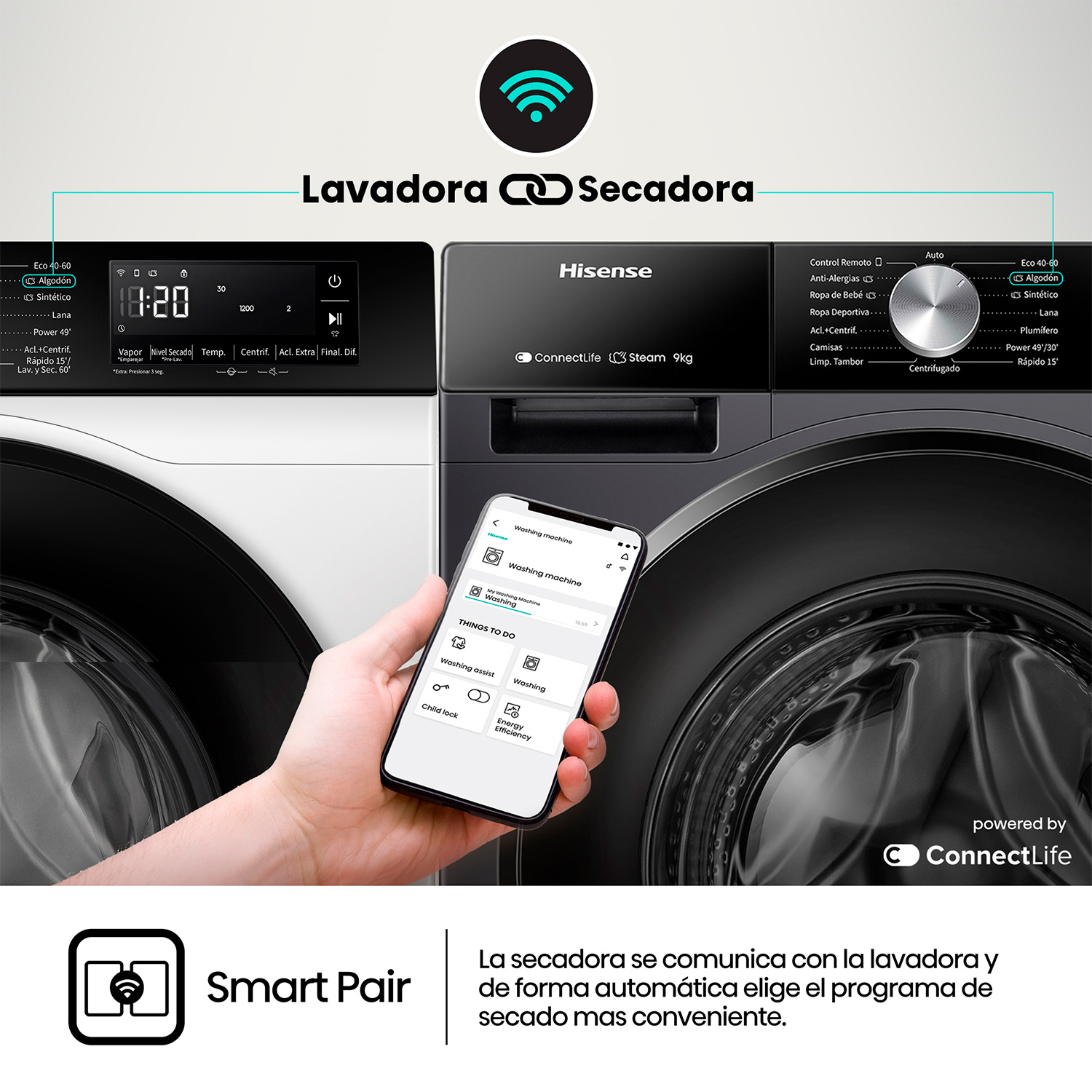 Una lavadora y secadora inteligentes con un teléfono que muestra una aplicación.