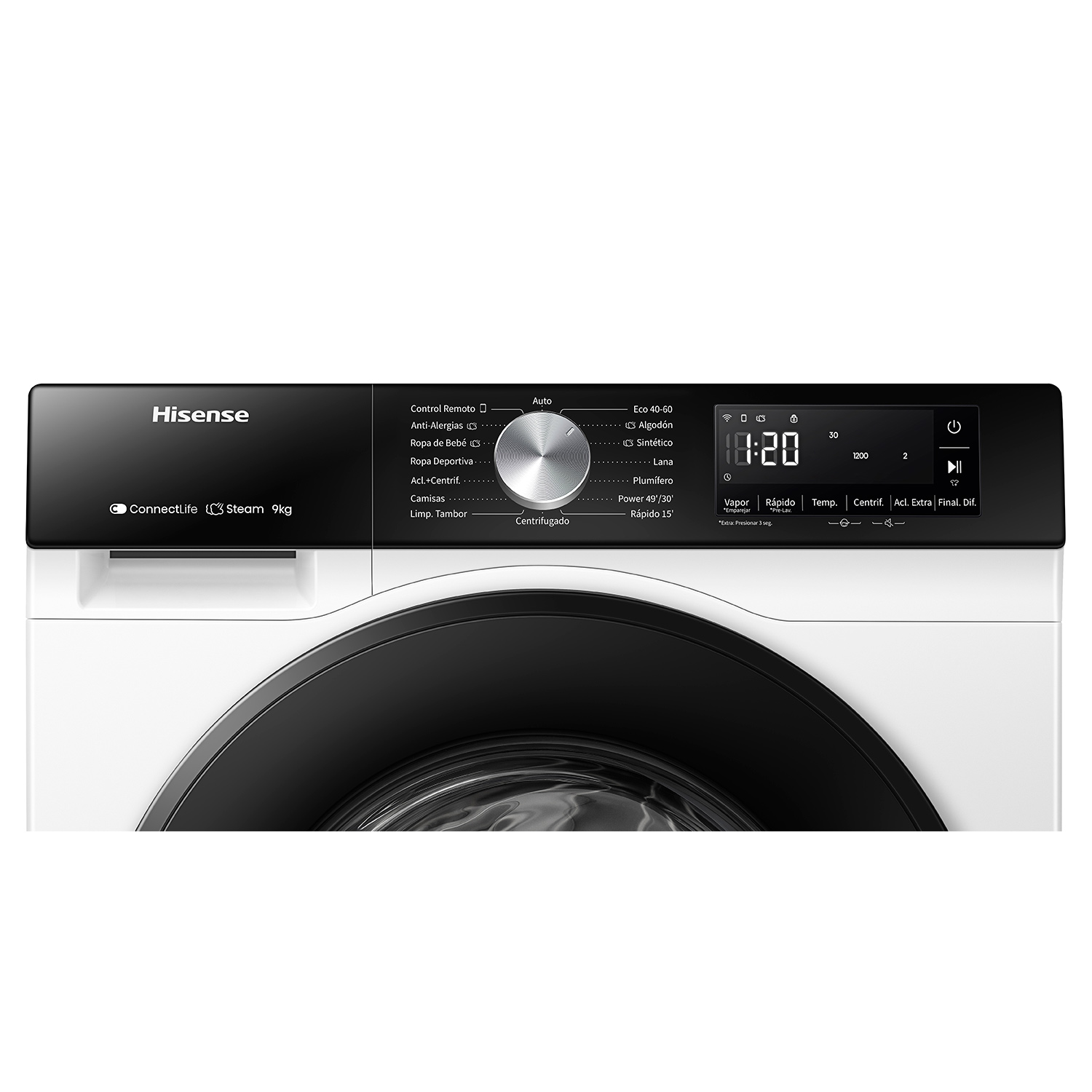 Primer plano del panel de control de una lavadora Hisense. La pantalla negra muestra los programas.