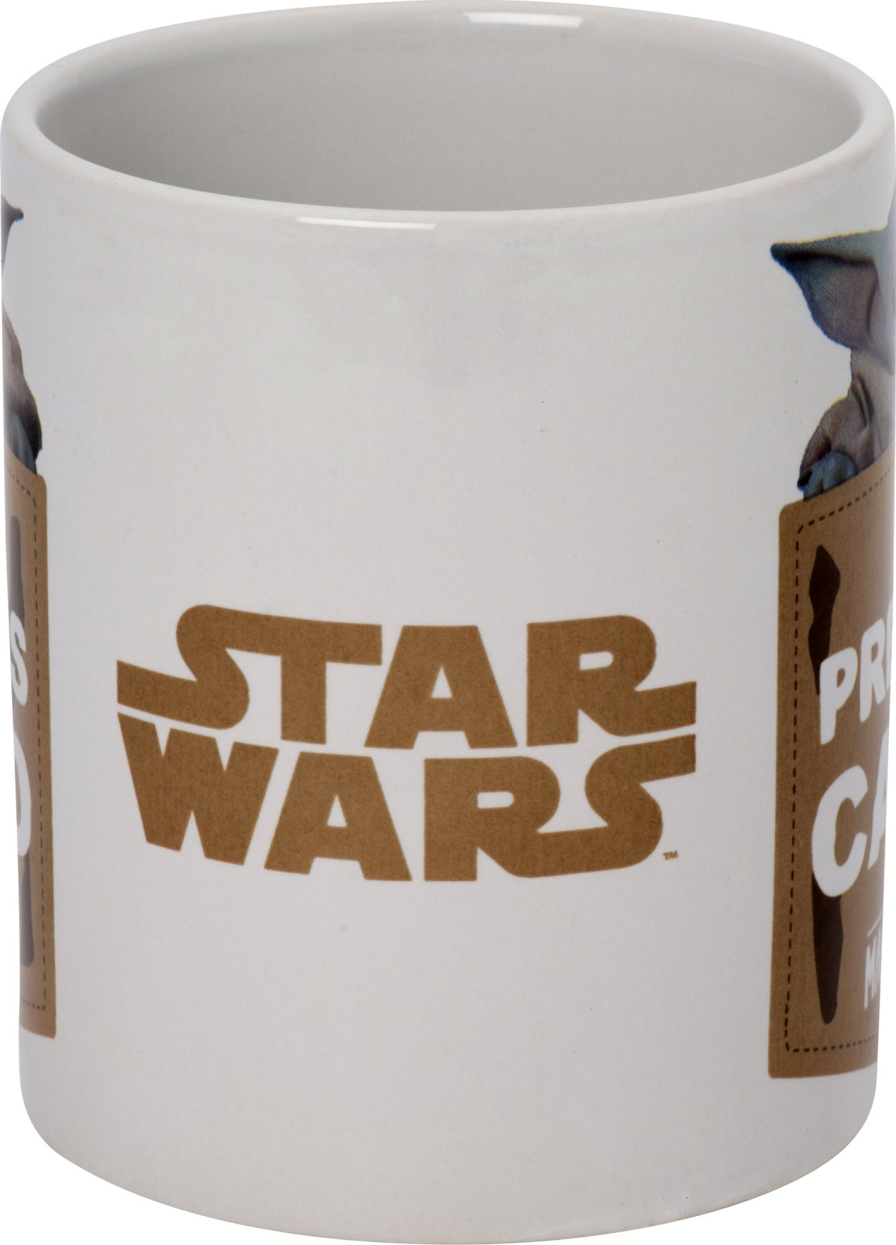 Tazza bianca di Star Wars con logo e testo marrone.