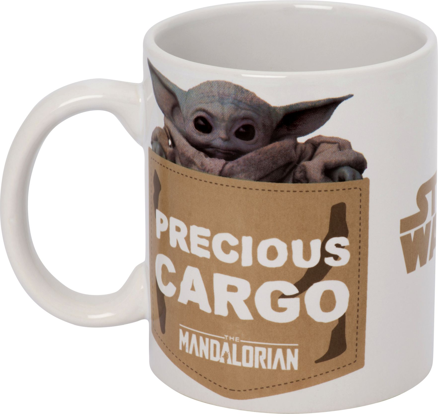 Tazza bianca con Grogu in tasca, testo 'Precious Cargo'.