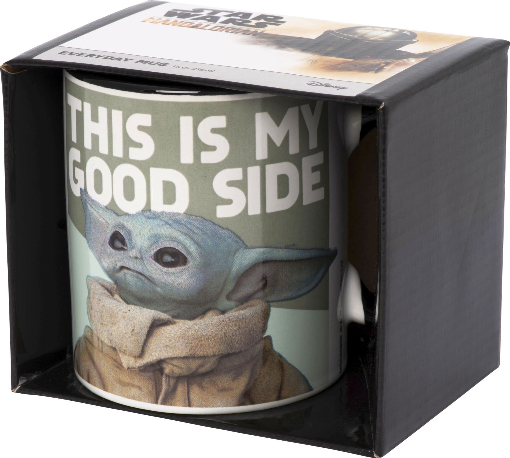 Ein Star Wars-Becher in einer schwarzen Box. Der Becher hat ein Bild von Grogu und ein Zitat.