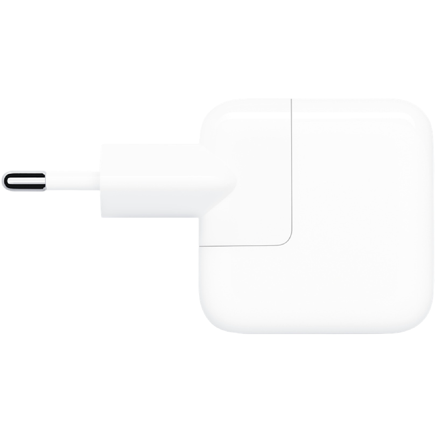 Un chargeur Apple blanc avec une prise à deux broches, isolé sur fond noir.