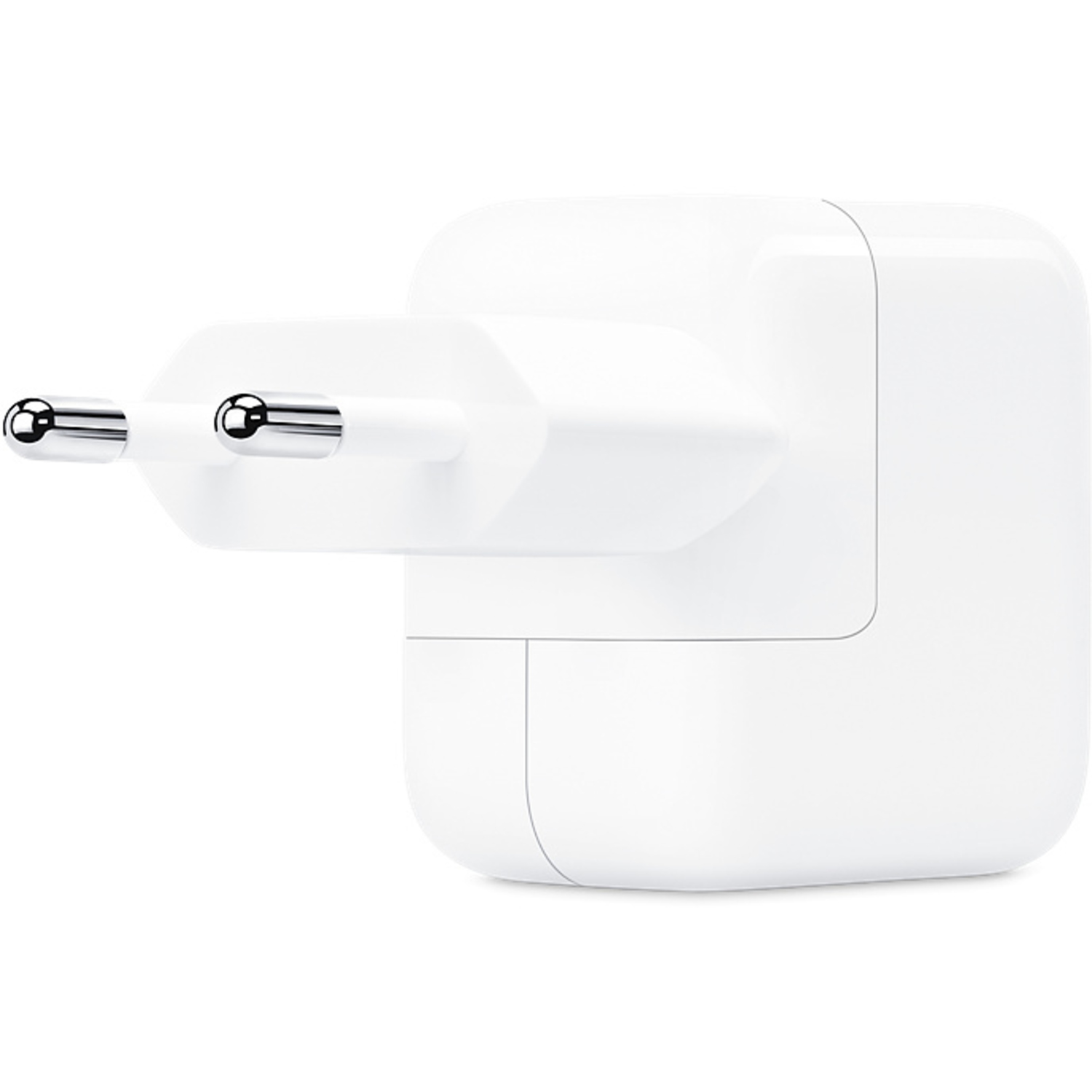 Chargeur Apple blanc avec deux broches argentées sortant d'un corps carré.