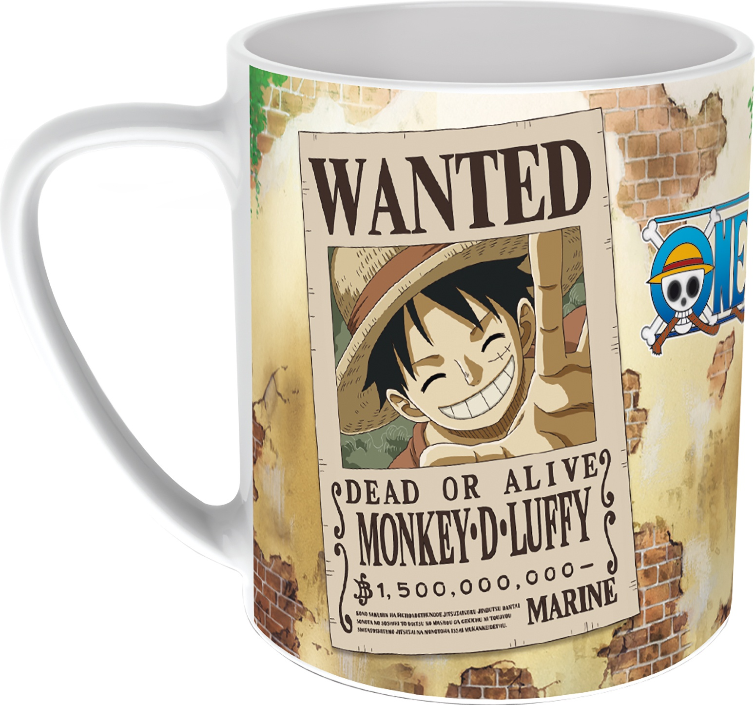 Una tazza bianca con Monkey D. Luffy di One Piece su un design di poster 'Ricercato'.