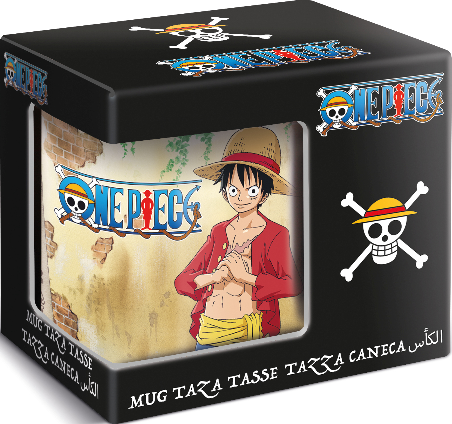 Una tazza di One Piece in una scatola nera, la tazza mostra Luffy. La scatola ha i loghi di One Piece.