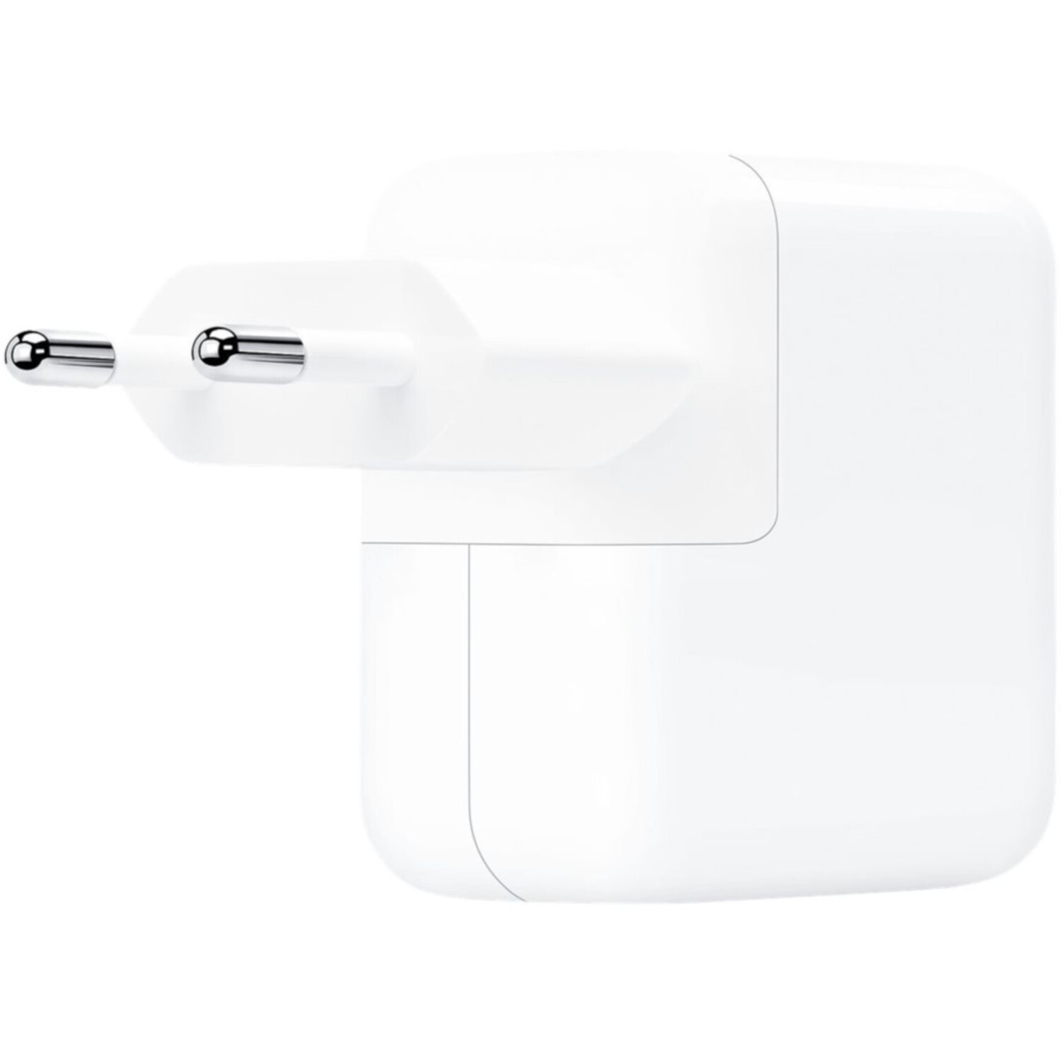 Een witte Apple-lichtnetadapter met twee zilveren pinnen.