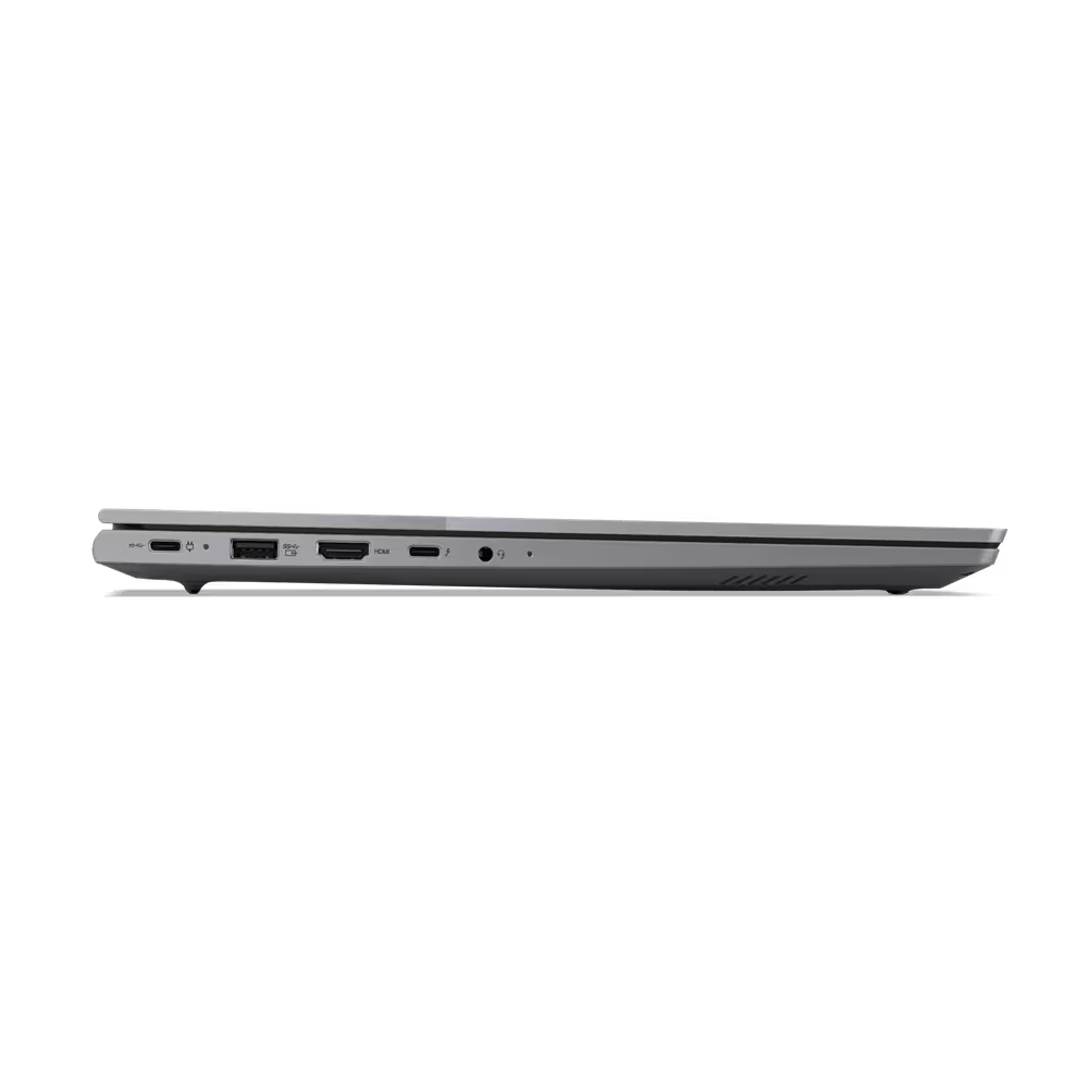 Vista lateral de un portátil gris con varios puertos a lo largo del lateral, incluidos USB-C y HDMI.