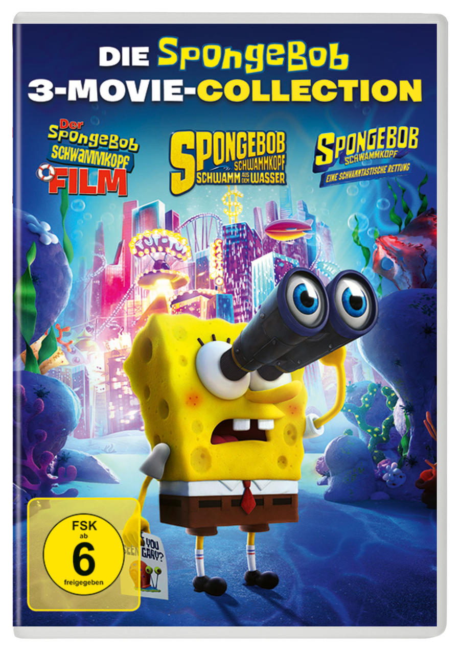 SpongeBob DVD-Cover. SpongeBob mit Fernglas, Blick auf eine bunte Unterwasserstadt. Andere SpongeBob-Cover sind sichtbar.