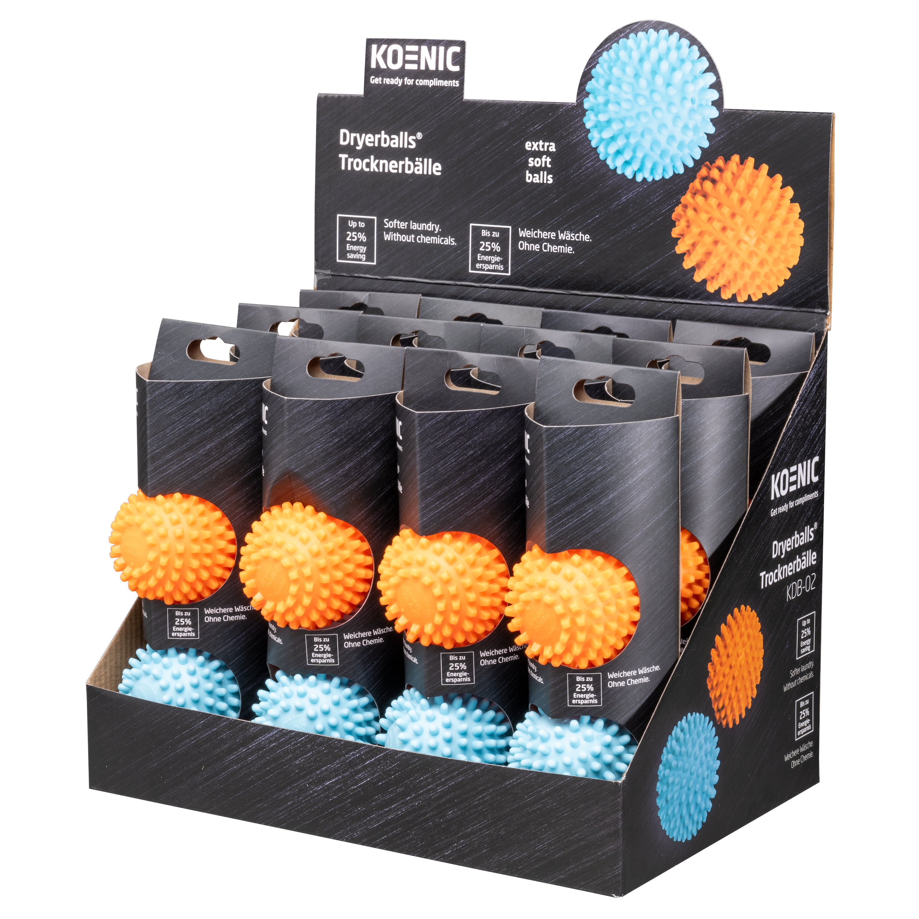 Ausstellungsbox mit orangefarbenen und blauen Trocknerbällen, zum Weichmachen der Wäsche.