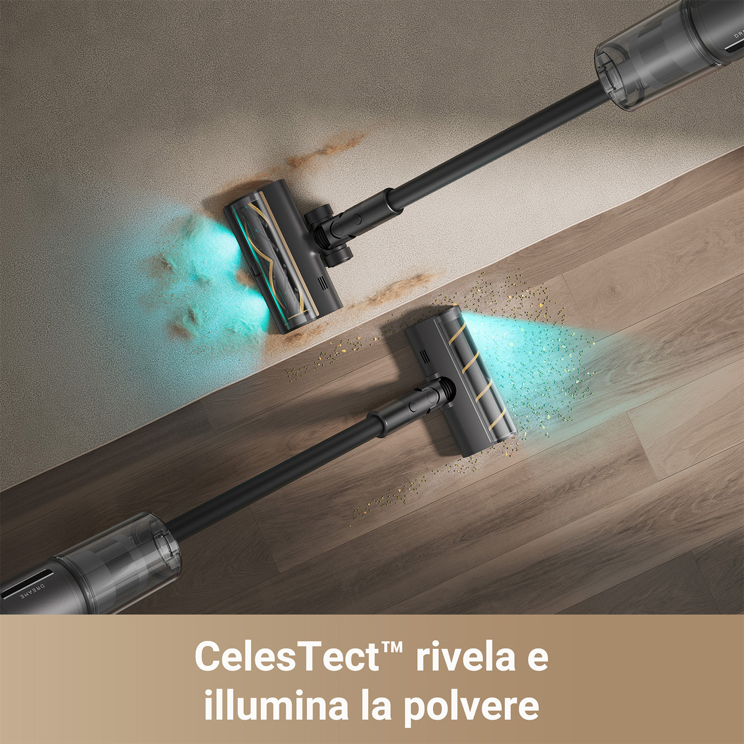 Due aspirapolveri puliscono un pavimento in legno. Le luci illuminano la polvere.