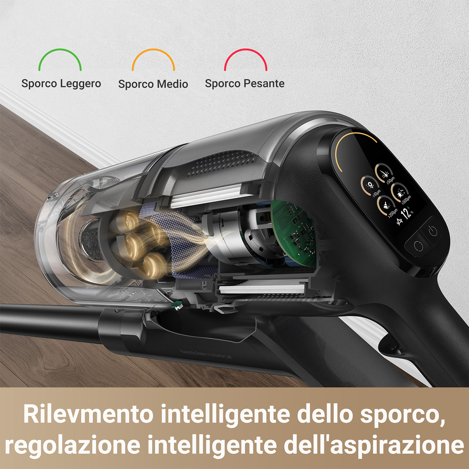 Vista interna dell'aspirapolvere che mostra il rilevamento dello sporco e il controllo dell'aspirazione.