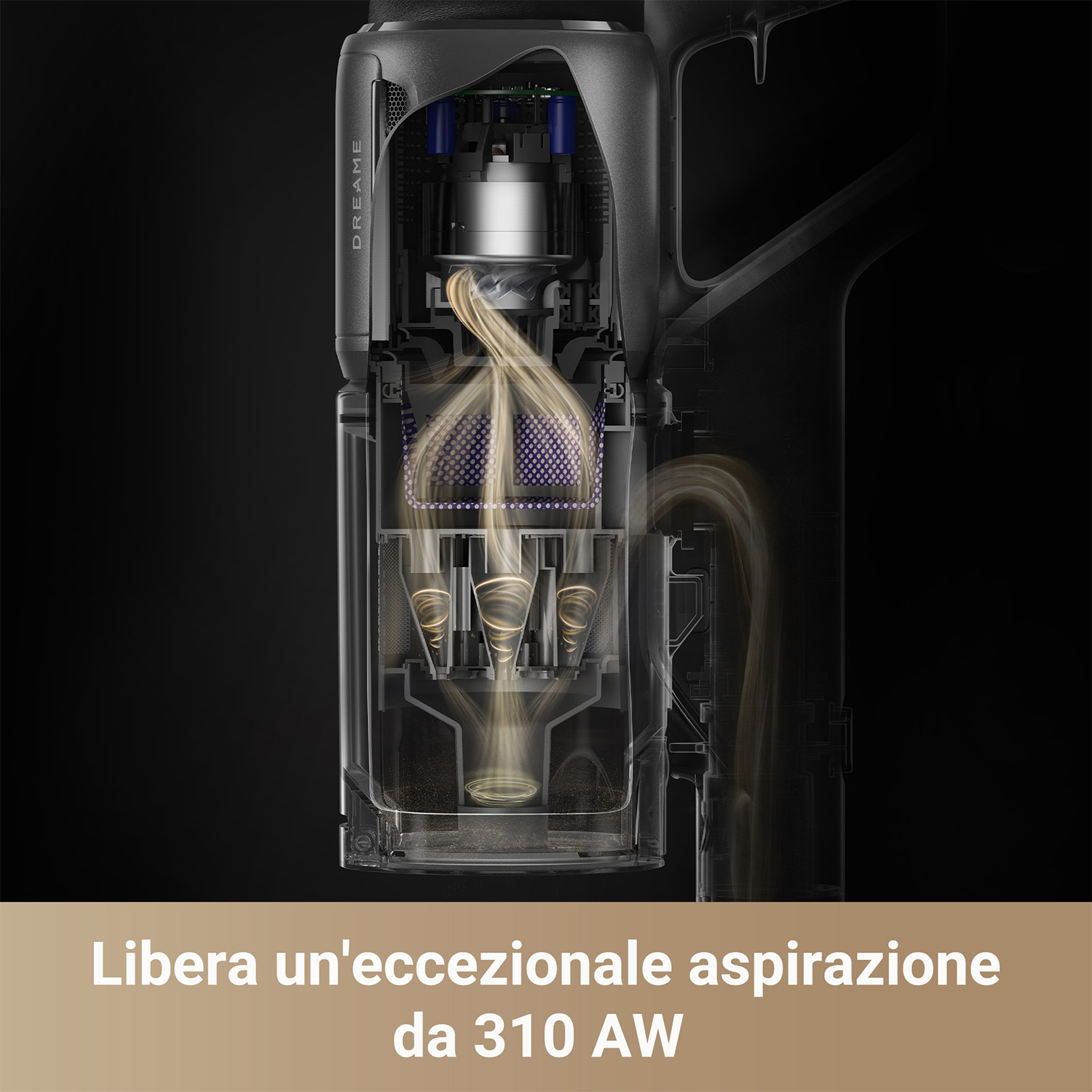 Sezione trasversale di un aspirapolvere che mostra i componenti interni e il flusso d'aria. Testo: 'Aspirazione eccezionale'.