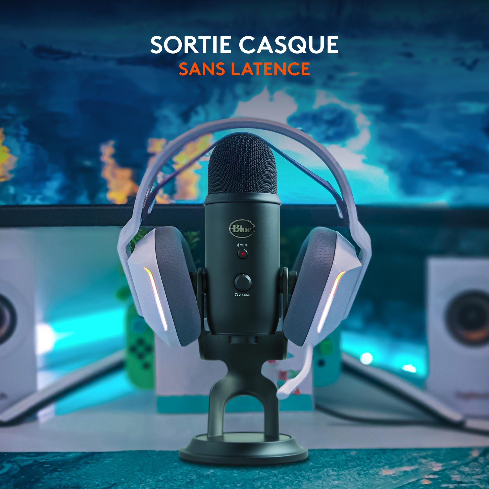 Configuration microphone avec casque, avec le texte 'sorte casque sans latence'.