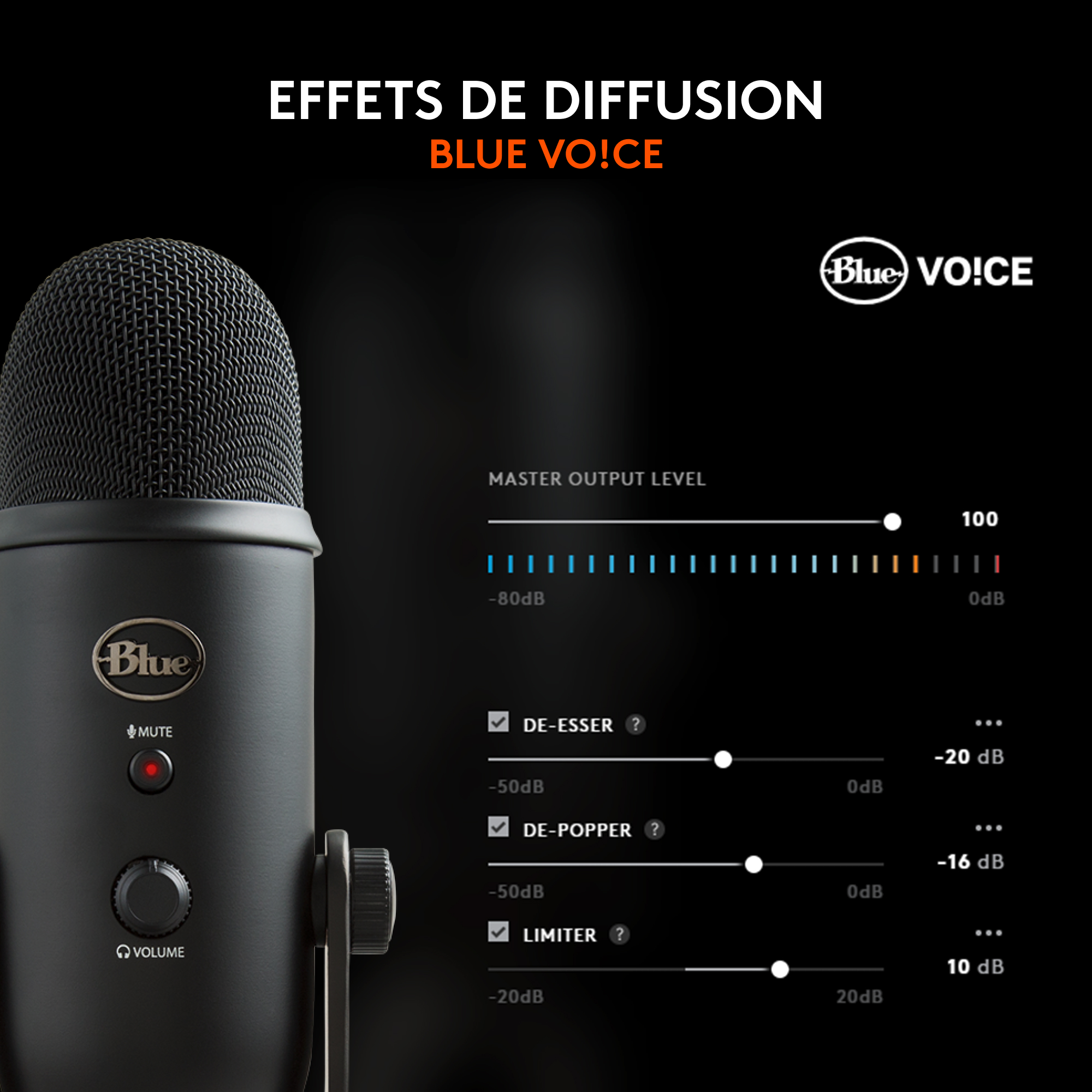 Gros plan d'un micro Blue avec interface de paramètres, texte en français.