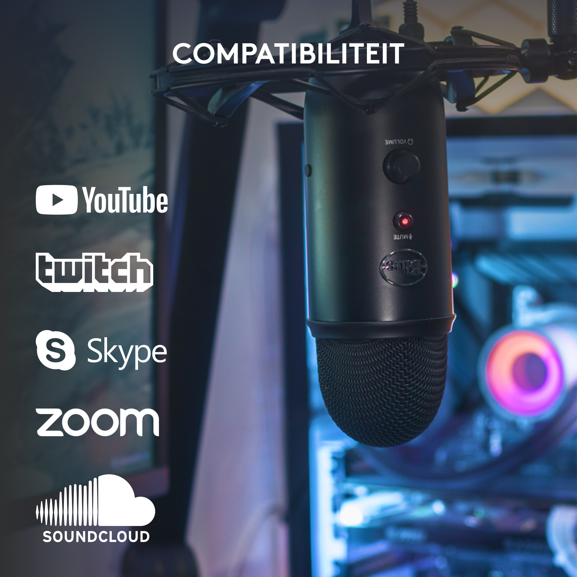 A microphone, with logos of YouTube, Twitch, Skype, Zoom, and SoundCloud.