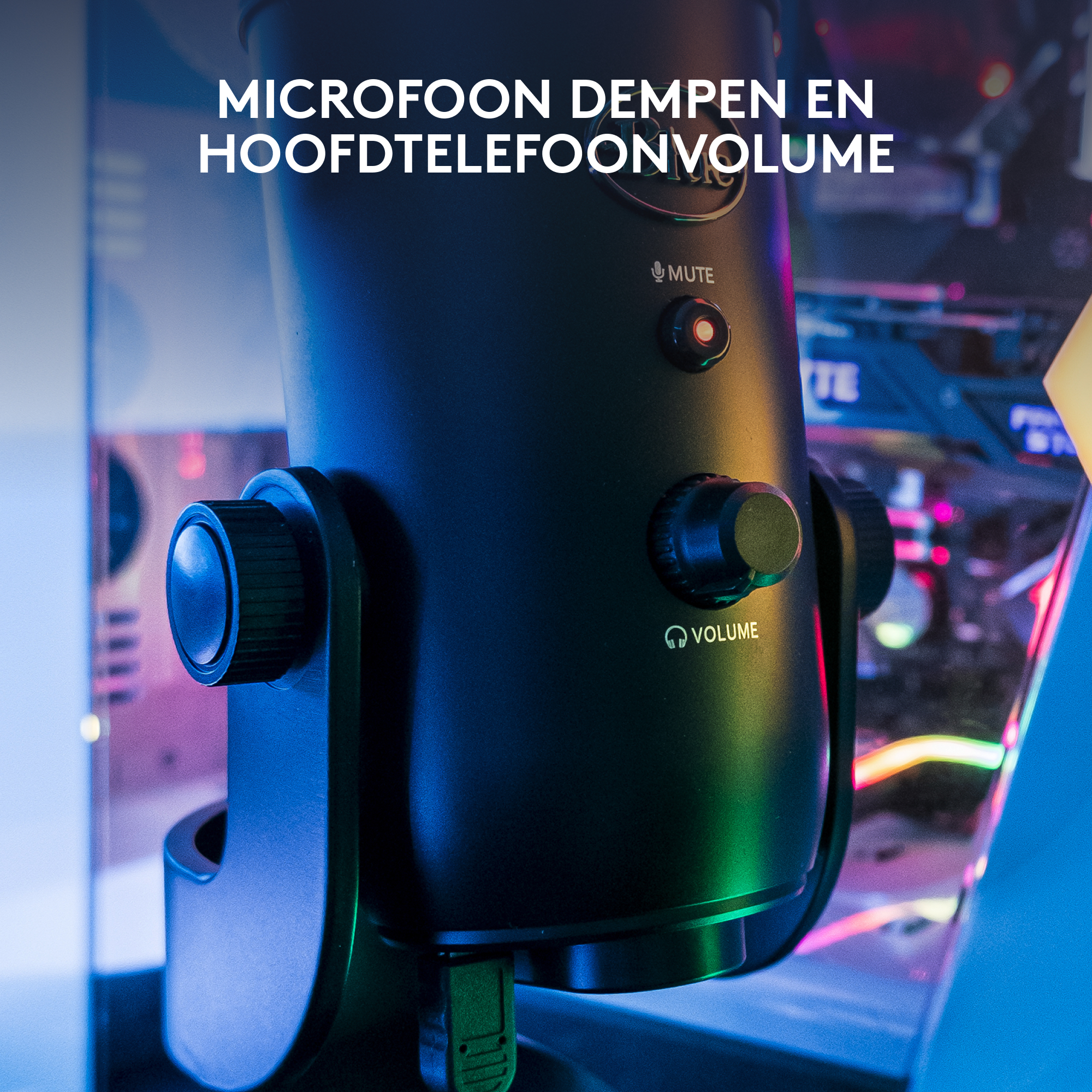 Close-up of a black microphone with mute and volume controls. Blue and green lighting.