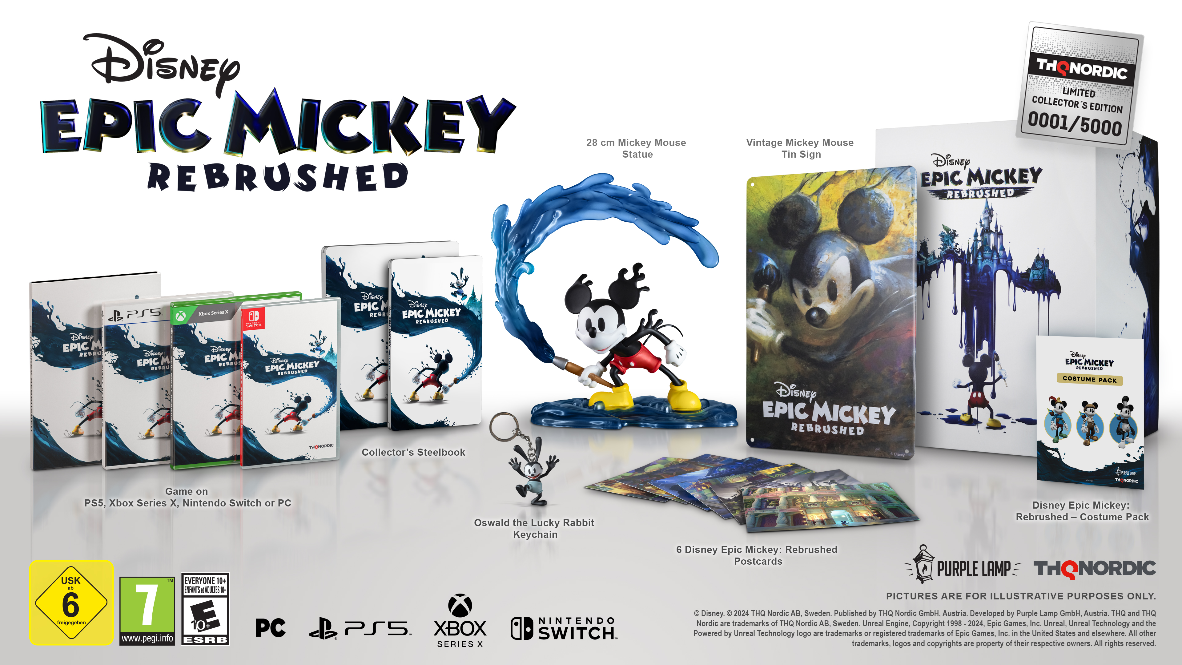 Exhibición del juego Epic Mickey Rebrushed con varios juegos y artículos de colección.