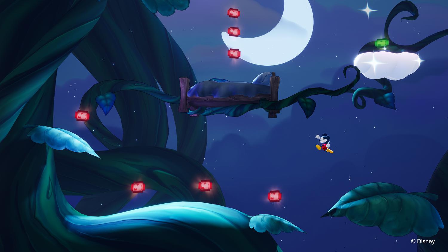 Mickey Mouse en una escena de dibujos animados, saltando hacia una cama en una rama de  árbol por la noche.