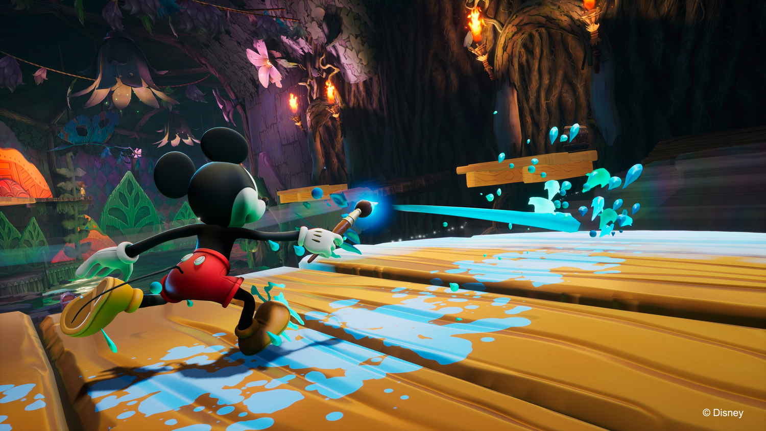 Mickey Mouse pintando con un pincel en un entorno de videojuego colorido.